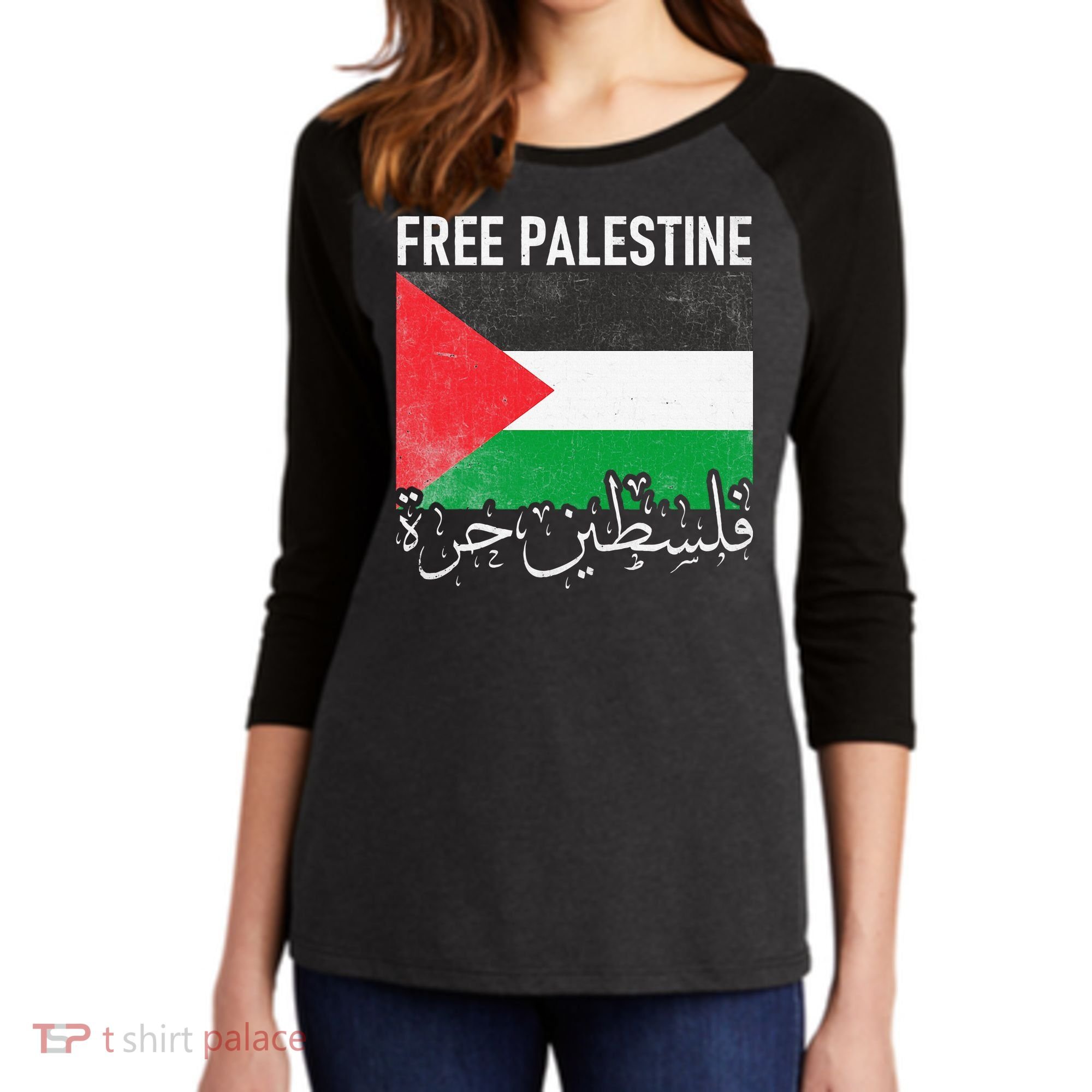 Free Palestine Arabic Palestine Gaza Jerusalem Support Women's Tri-Blend 3/4-Sleeve Raglan Shirt