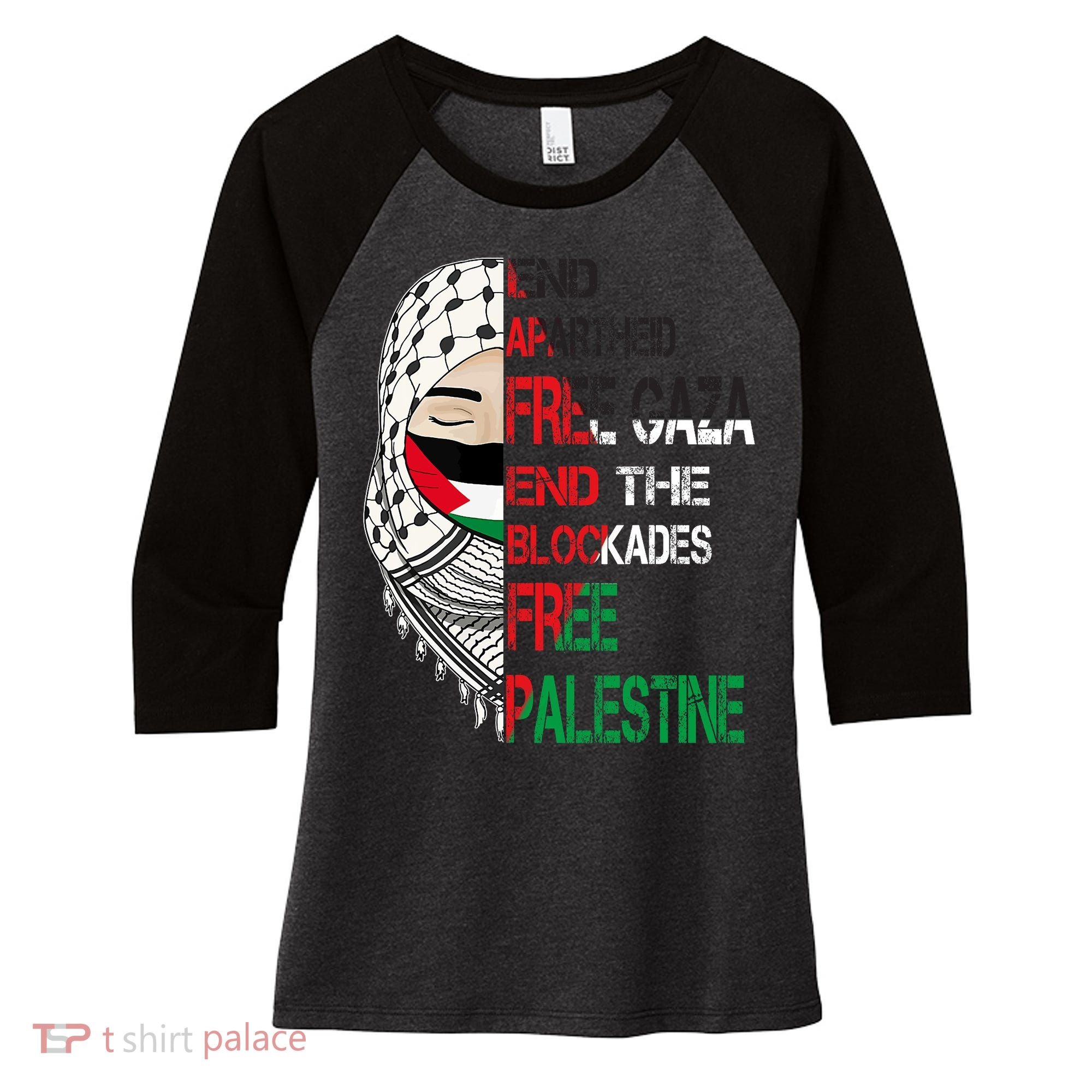 Free Palestine Arabic Palestine Gaza Jerusalem Support Flag Women's Tri-Blend 3/4-Sleeve Raglan Shirt