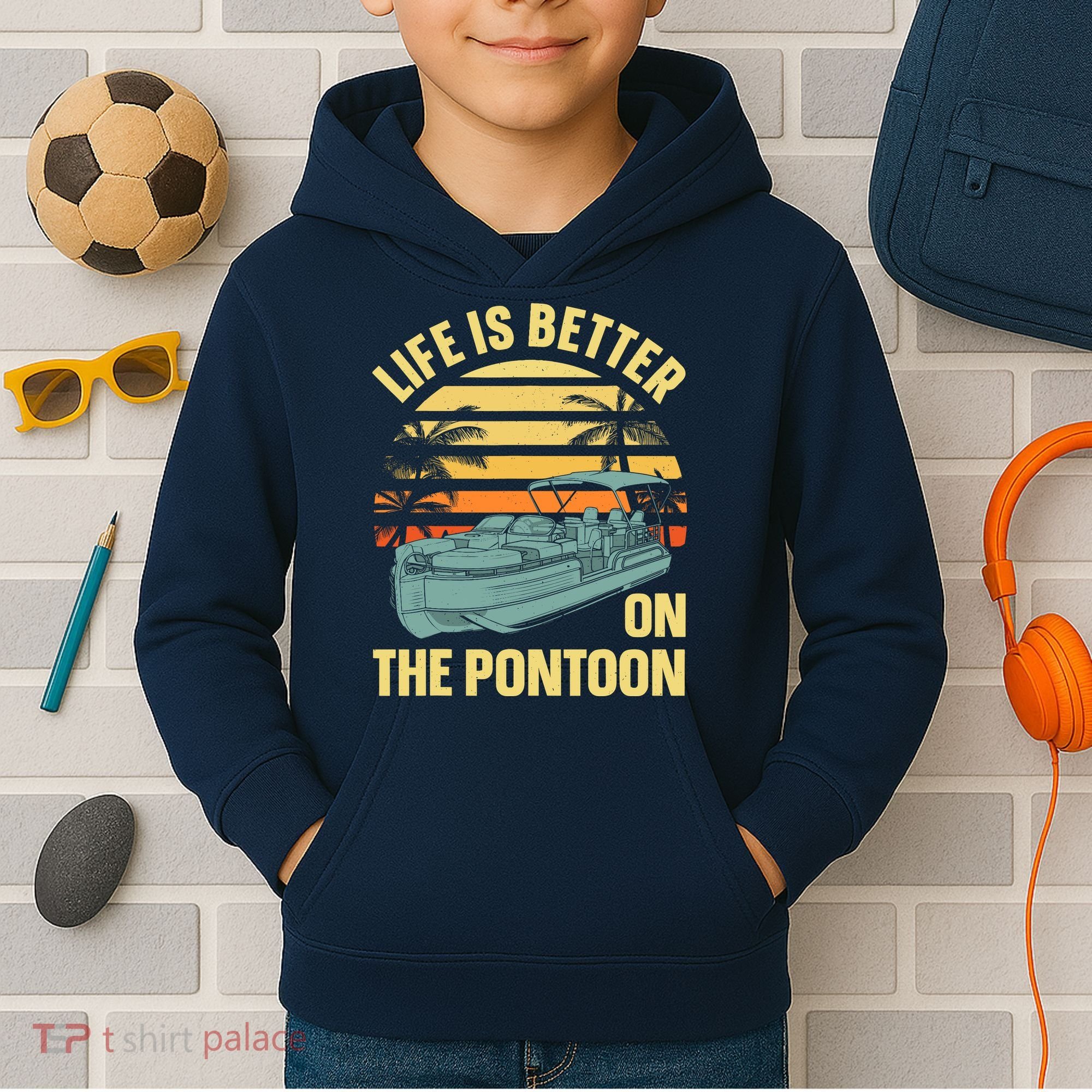 Funny Pontoon Boat Art For Boating Pontoon Captain Kids Hoodie
