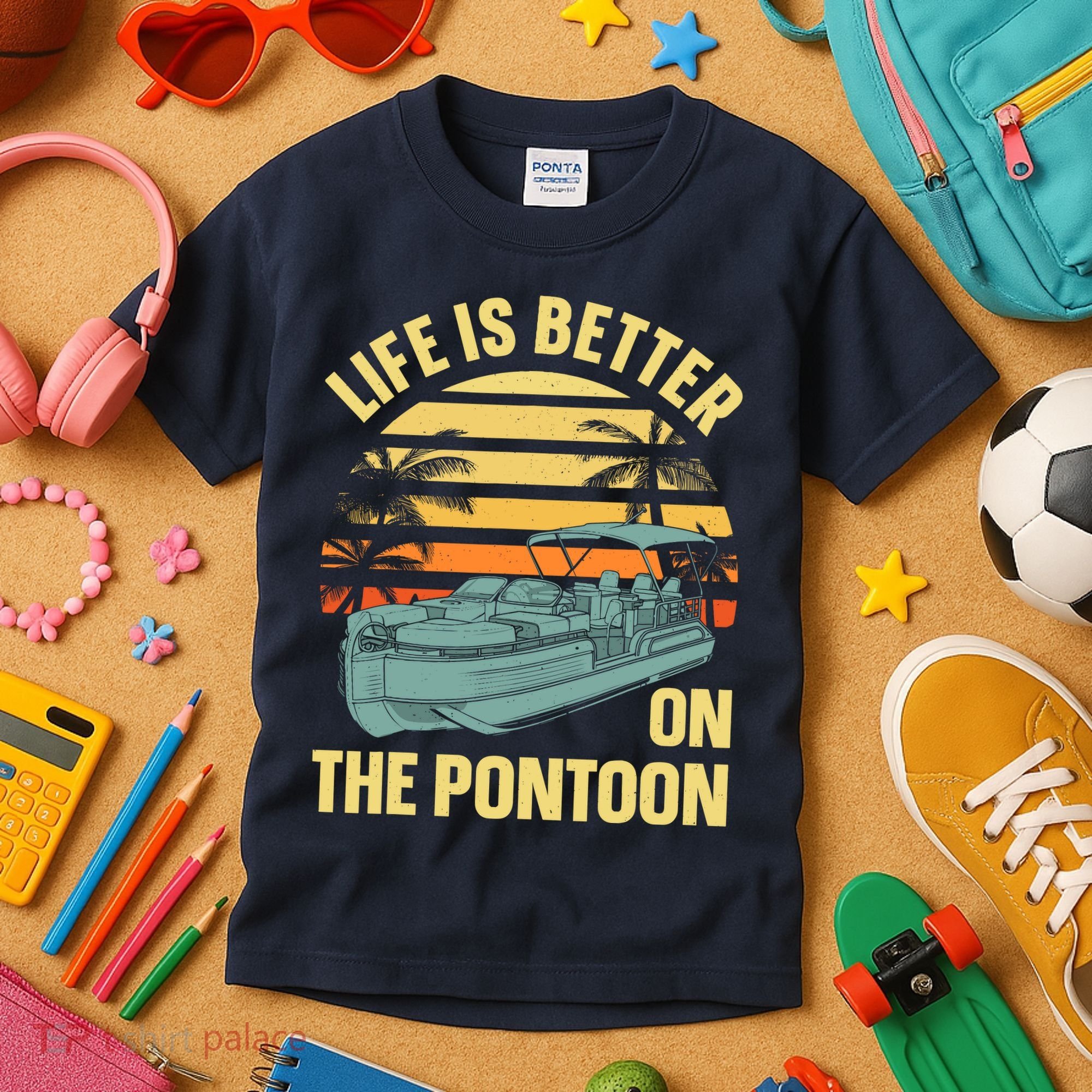 Funny Pontoon Boat Art For Boating Pontoon Captain Kids T-Shirt