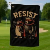 Funny Penguin Bear Resist Penguins Protest Against Tariffs Golf Towel thumb 1
