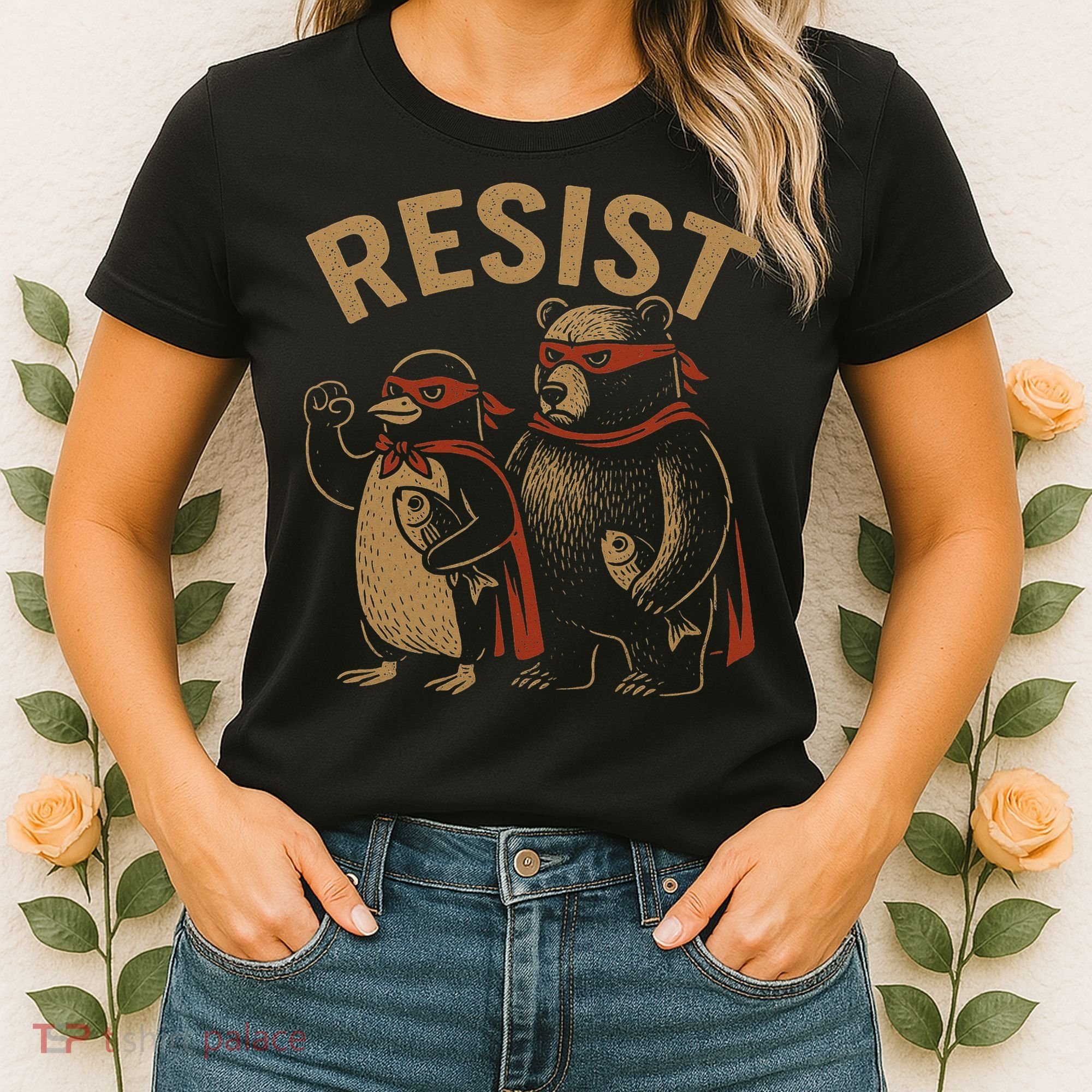 Funny Penguin Bear Resist Penguins Protest Against Tariffs Women's T-Shirt