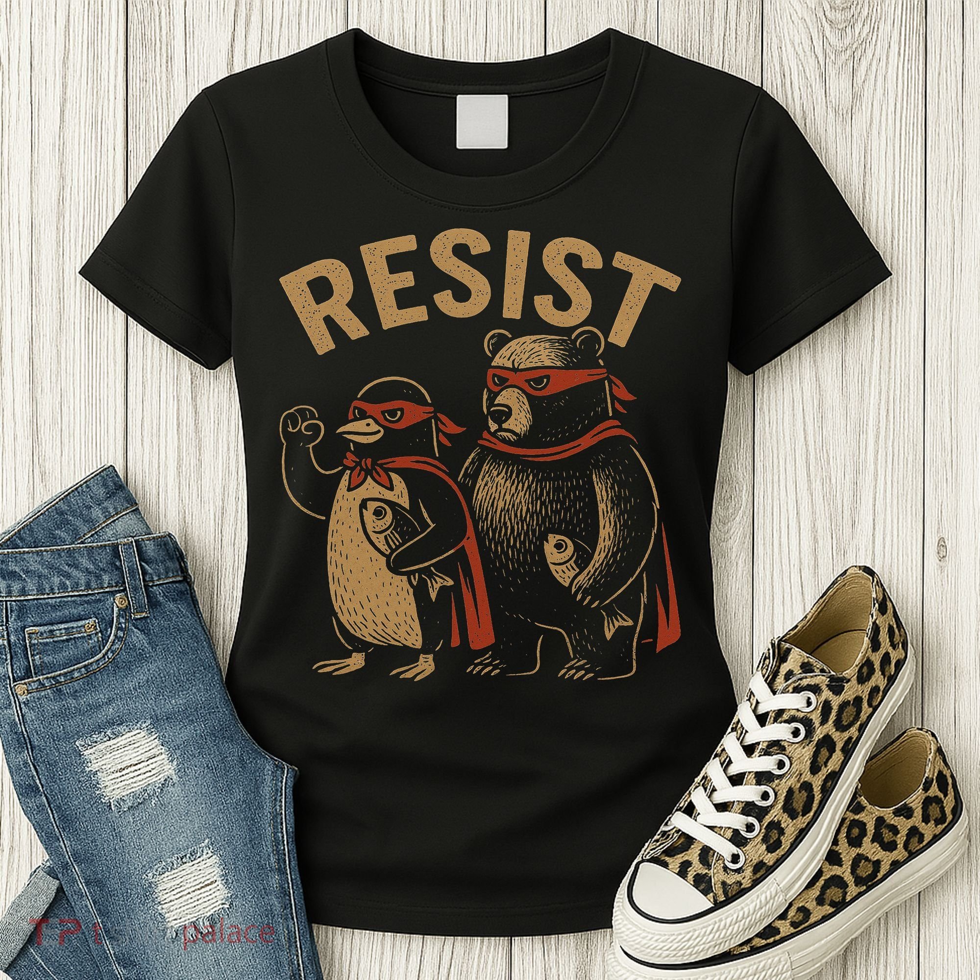 Funny Penguin Bear Resist Penguins Protest Against Tariffs Women's T-Shirt