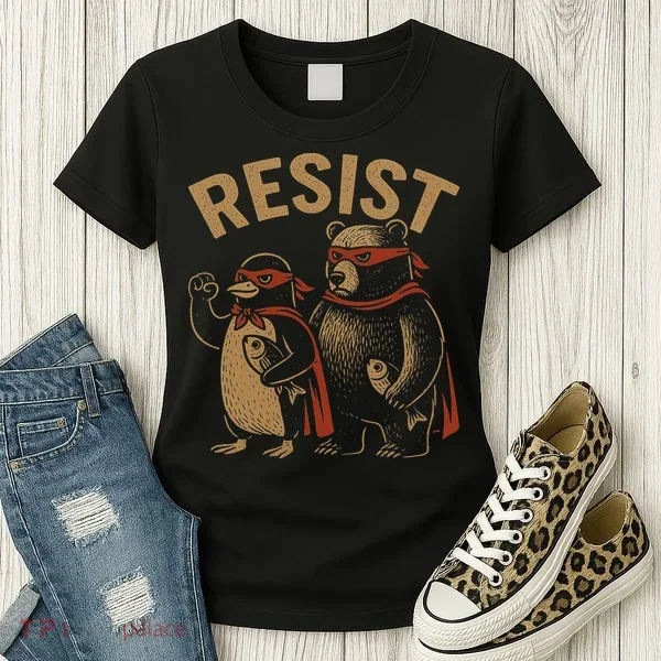 Funny Penguin Bear Resist Penguins Protest Against Tariffs Women's T-Shirt