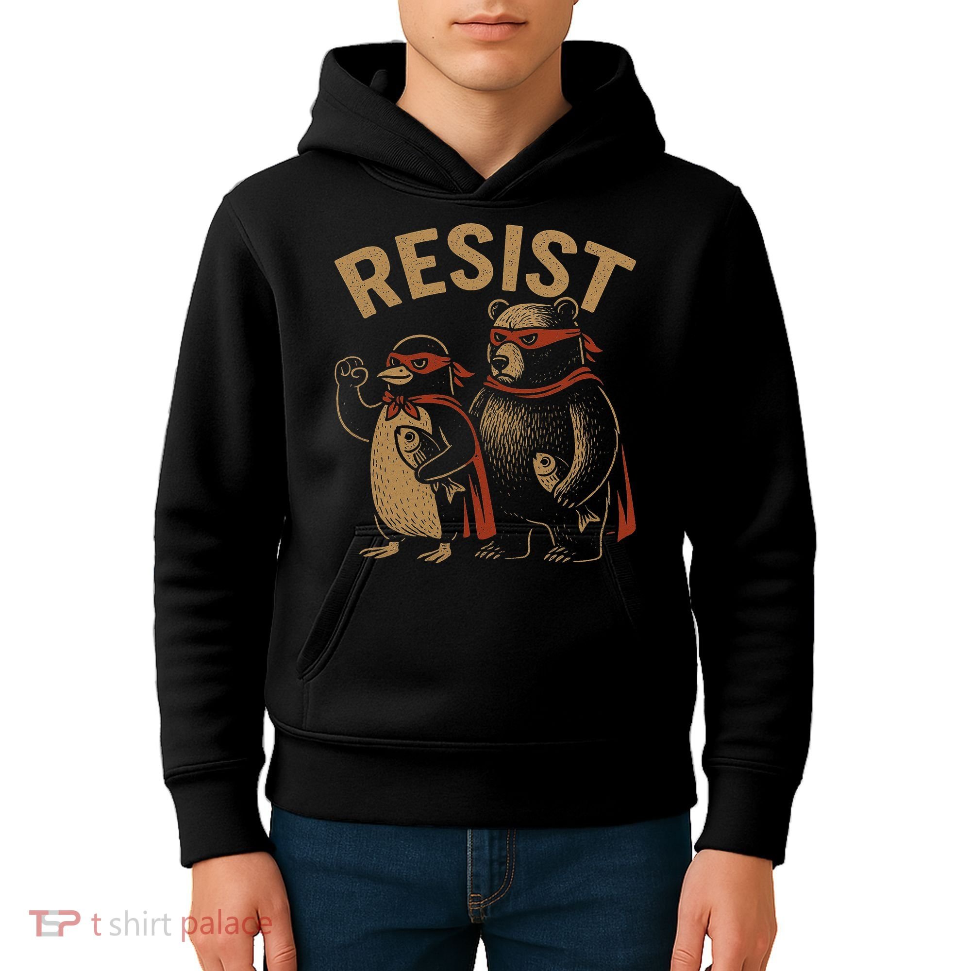 Funny Penguin Bear Resist Penguins Protest Against Tariffs Kids Hoodie