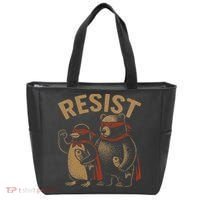 Funny Penguin Bear Resist Penguins Protest Against Tariffs Tote Bag thumb 0