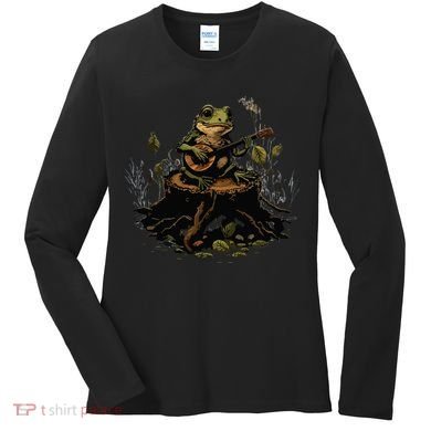 Frog Playing Banjo On Log Gift Women's Long Sleeve Shirt
