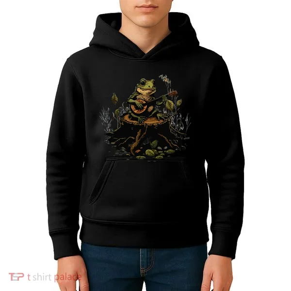 Frog Playing Banjo On Log Gift Kids Hoodie