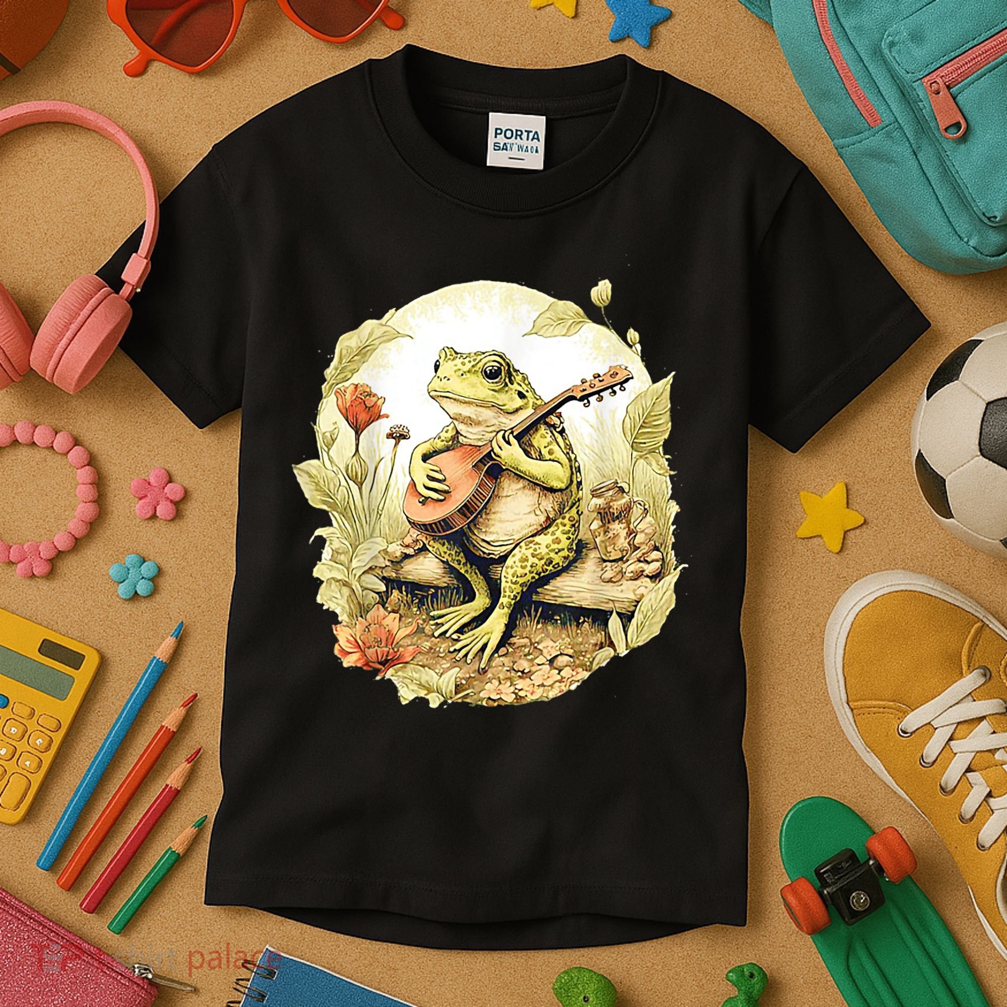 Frog Playing Banjo On Log Kids T-Shirt