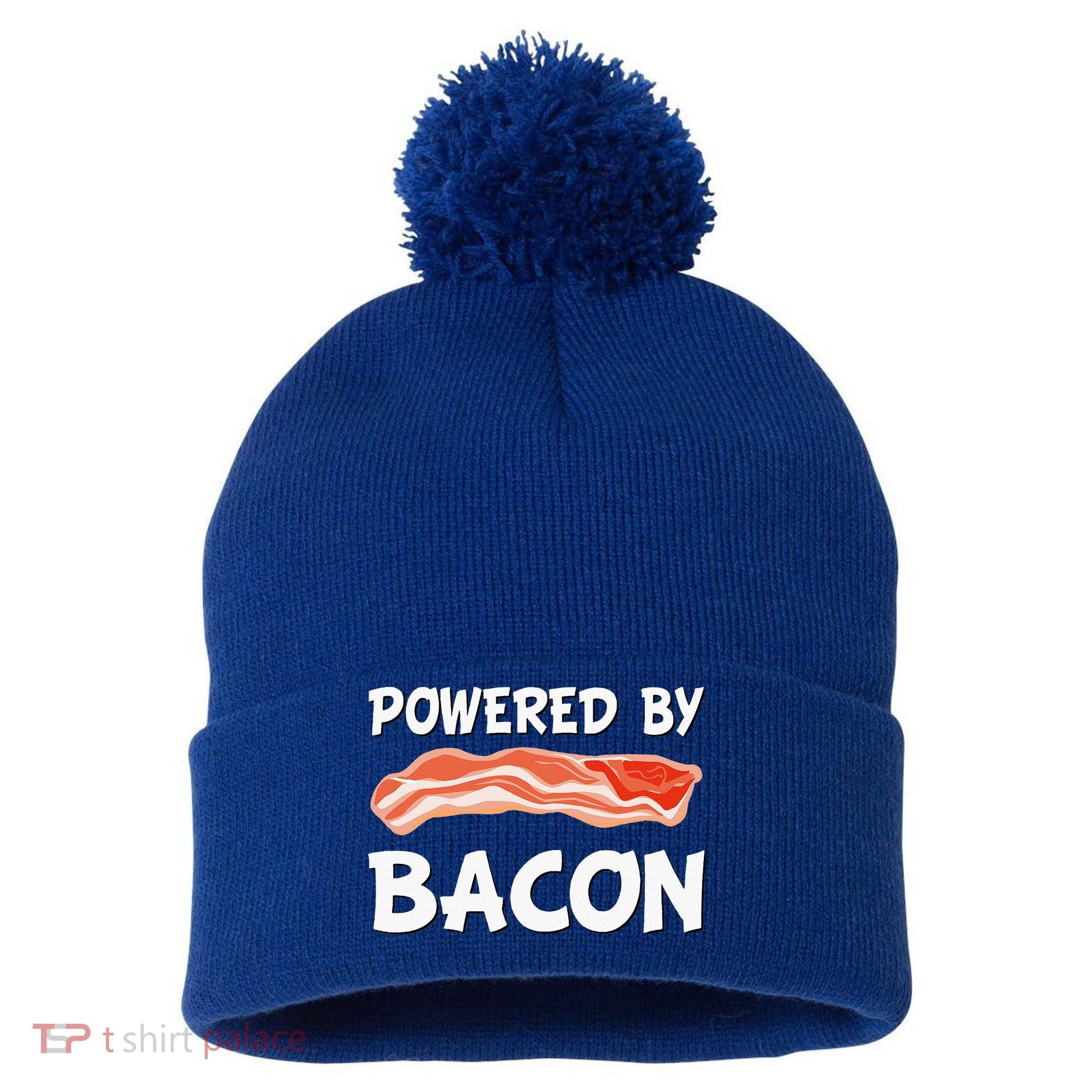 Funny Powered By Bacon Bacon Lovers Pom Pom 12in Knit Beanie