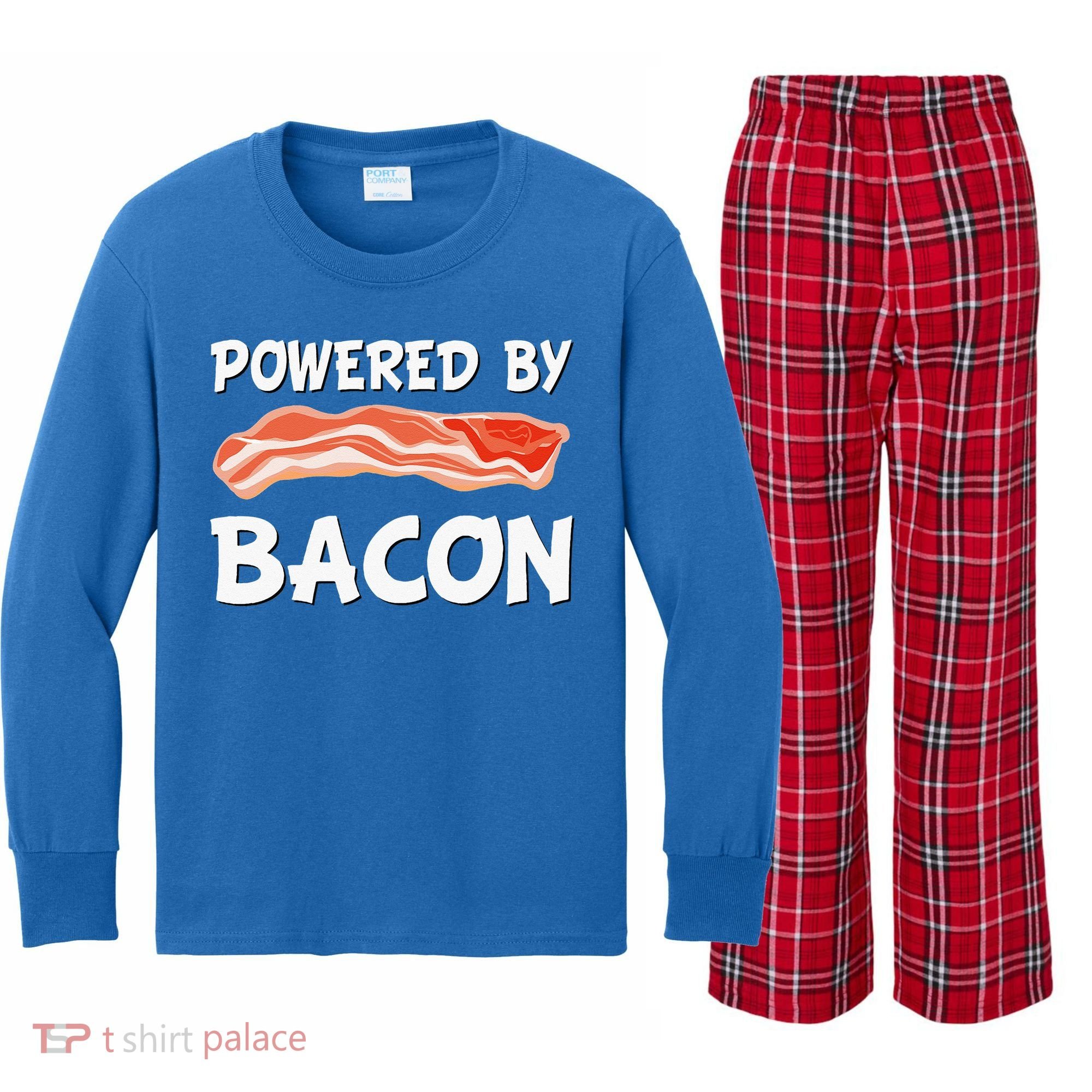 Funny Powered By Bacon Bacon Lovers Kids Long Sleeve Plaid Pajama Set