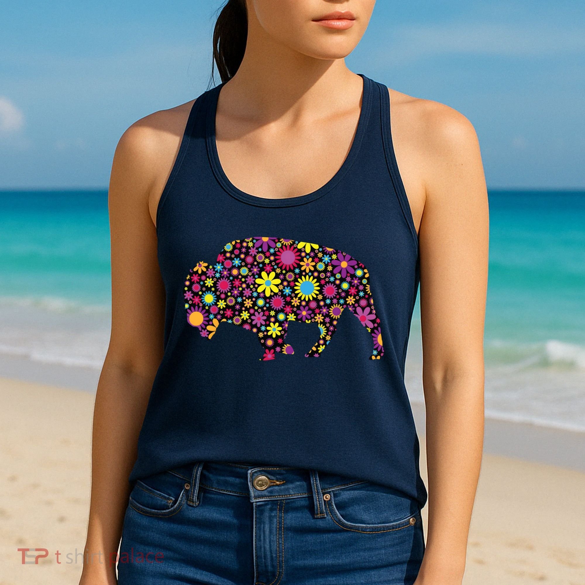 Flower Patterns Bison Buffalo Funny Women's Tank Top