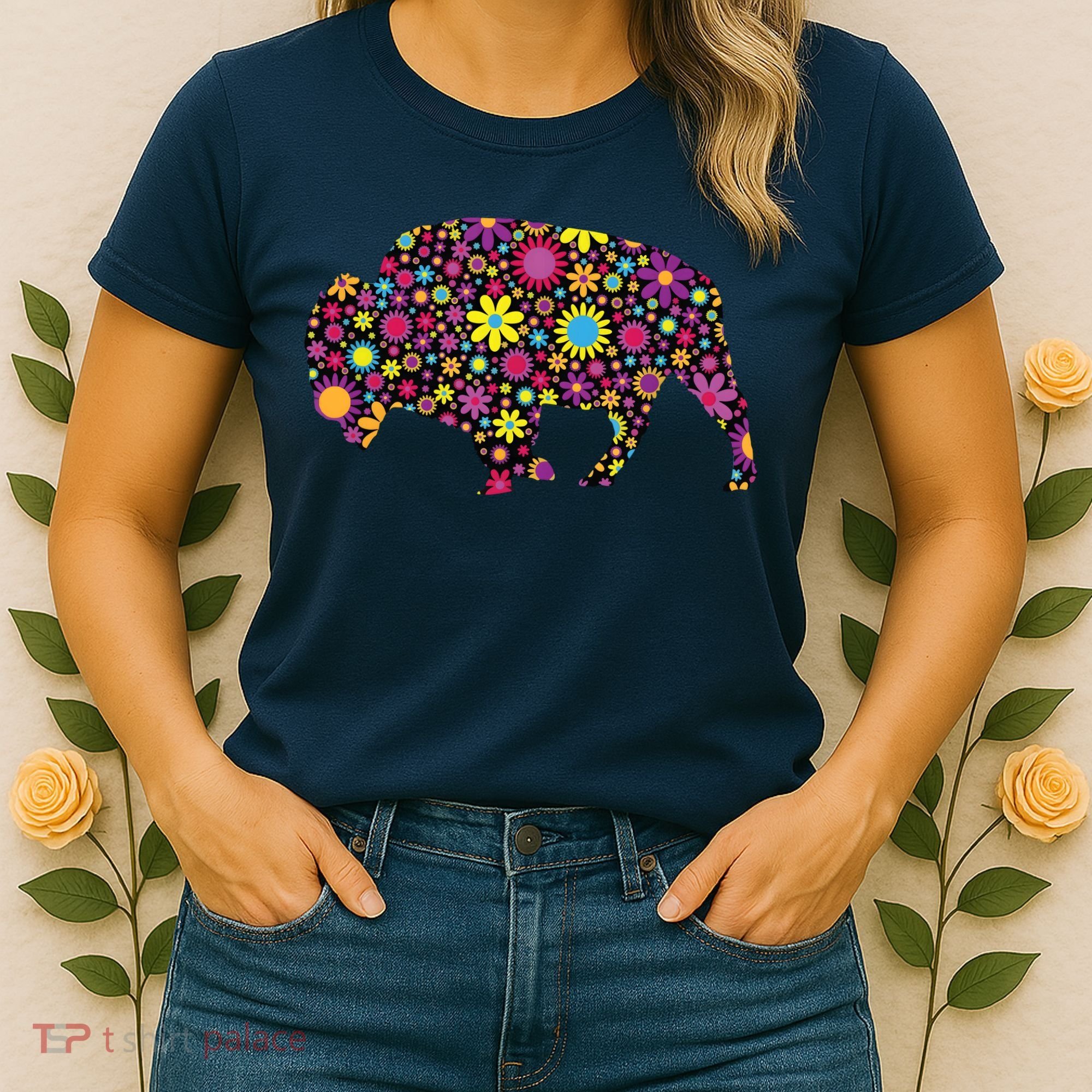 Flower Patterns Bison Buffalo Funny Women's T-Shirt
