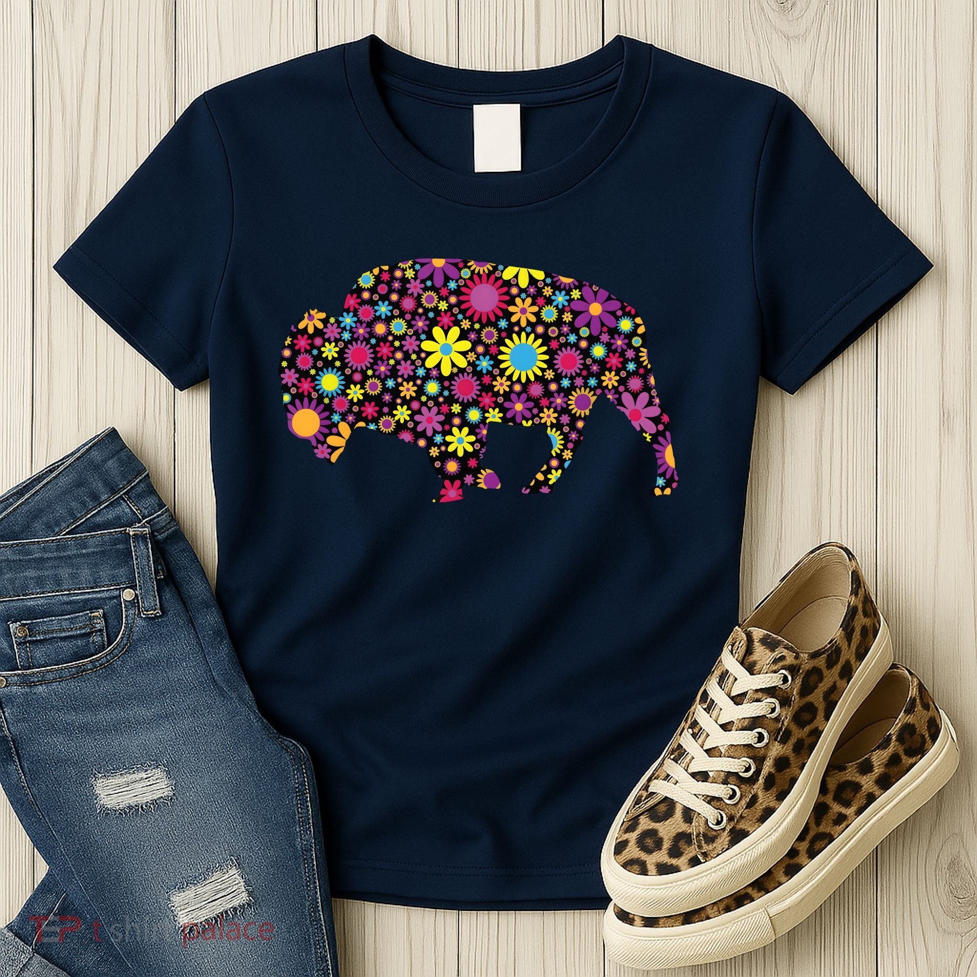 Flower Patterns Bison Buffalo Funny Women's T-Shirt