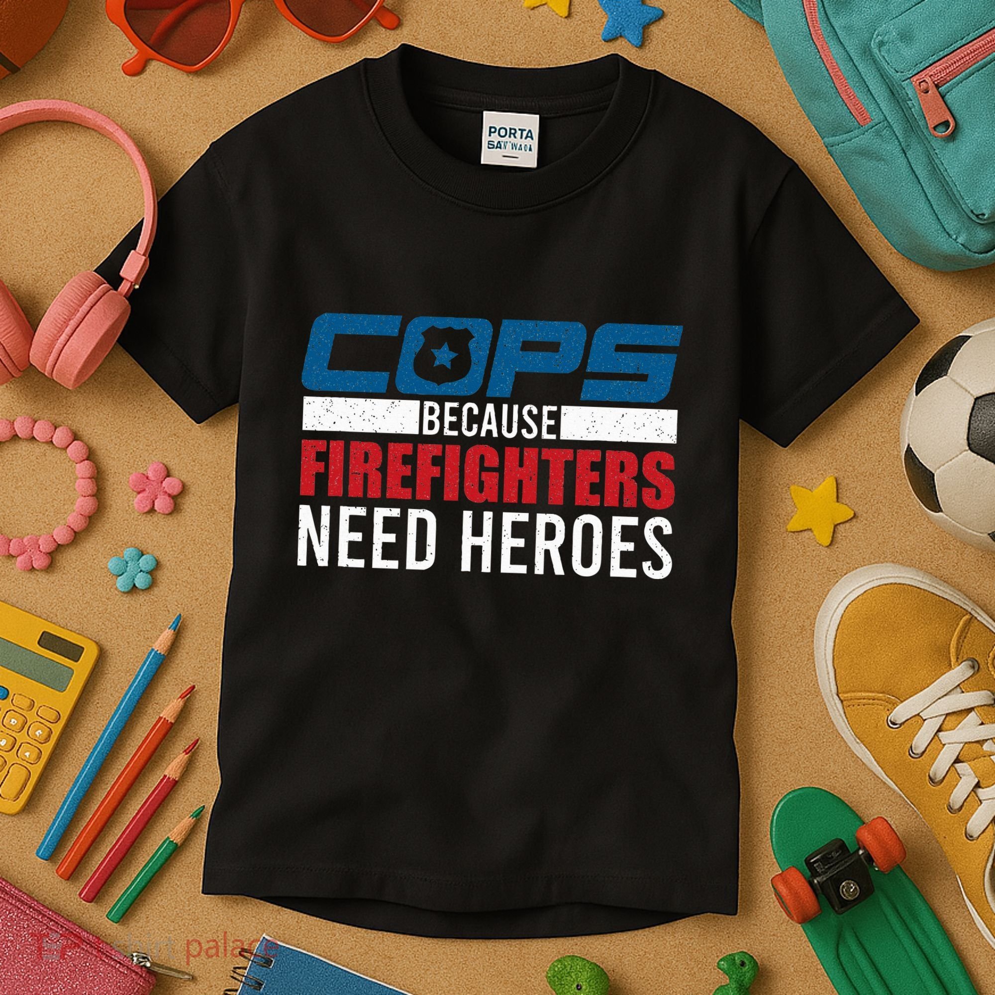 Funny Police Cops Because Firefighters Needs Heroes Law Gift Kids T-Shirt
