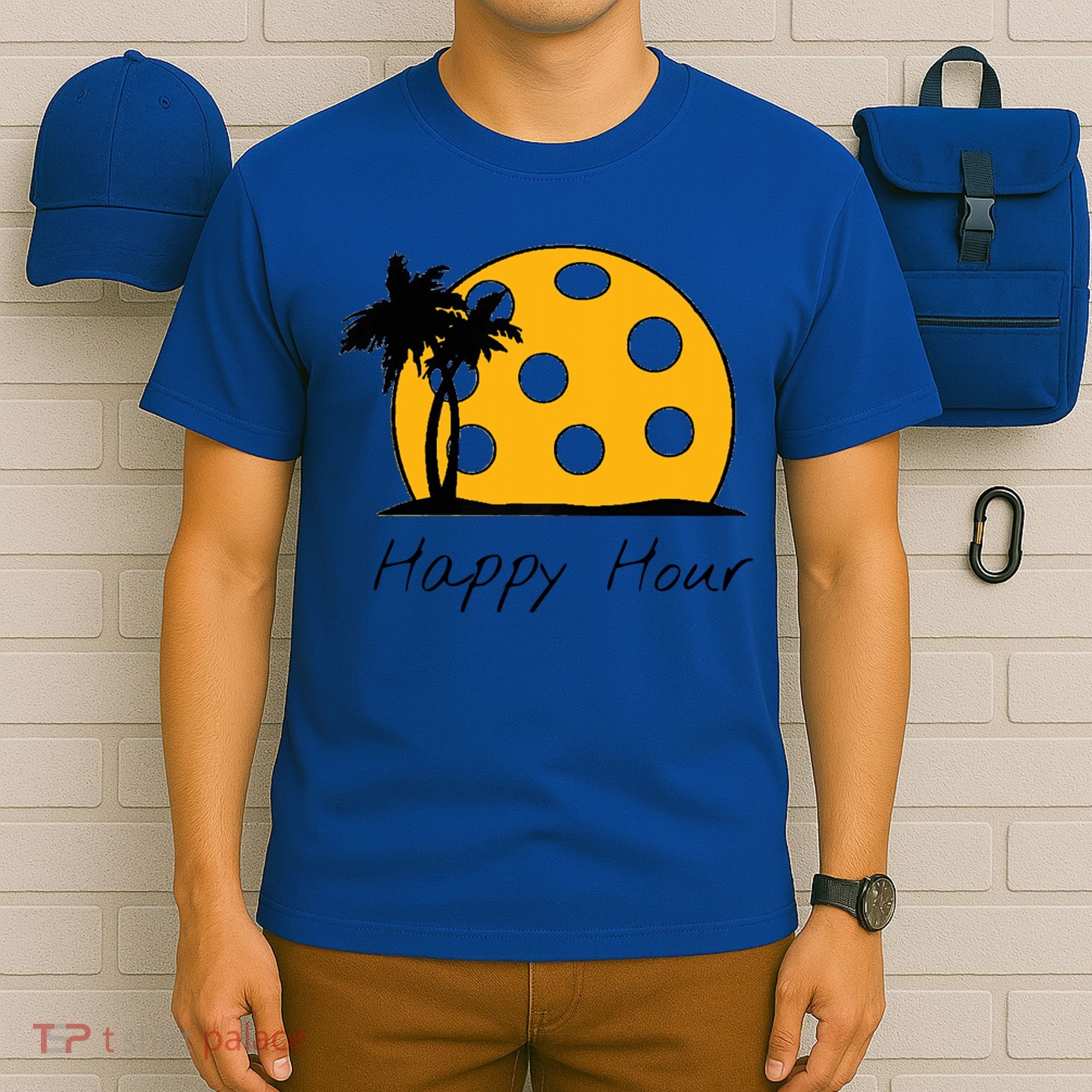 Fun Pickleball Cute Gift Happy Hour W/ Huge Pickleball Sunset Cute Gift T-Shirt