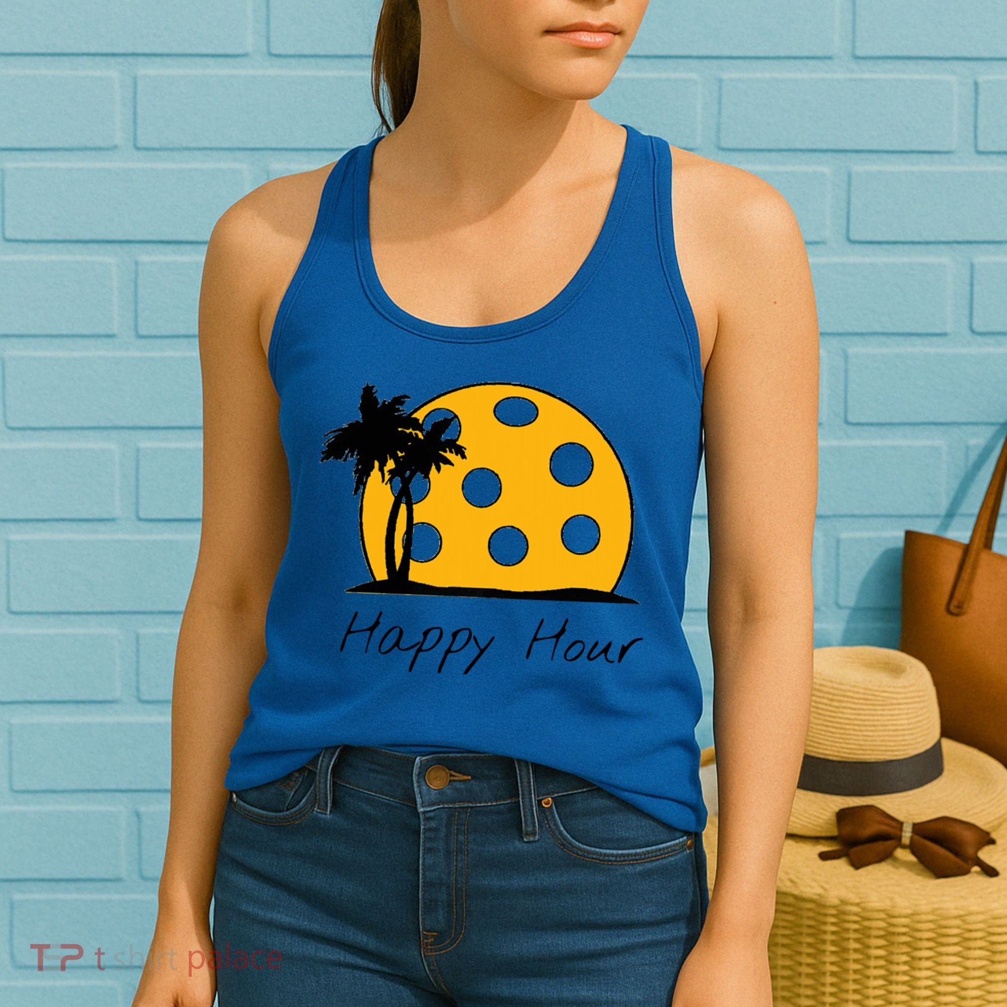 Fun Pickleball Cute Gift Happy Hour W/ Huge Pickleball Sunset Cute Gift Women's Tank Top