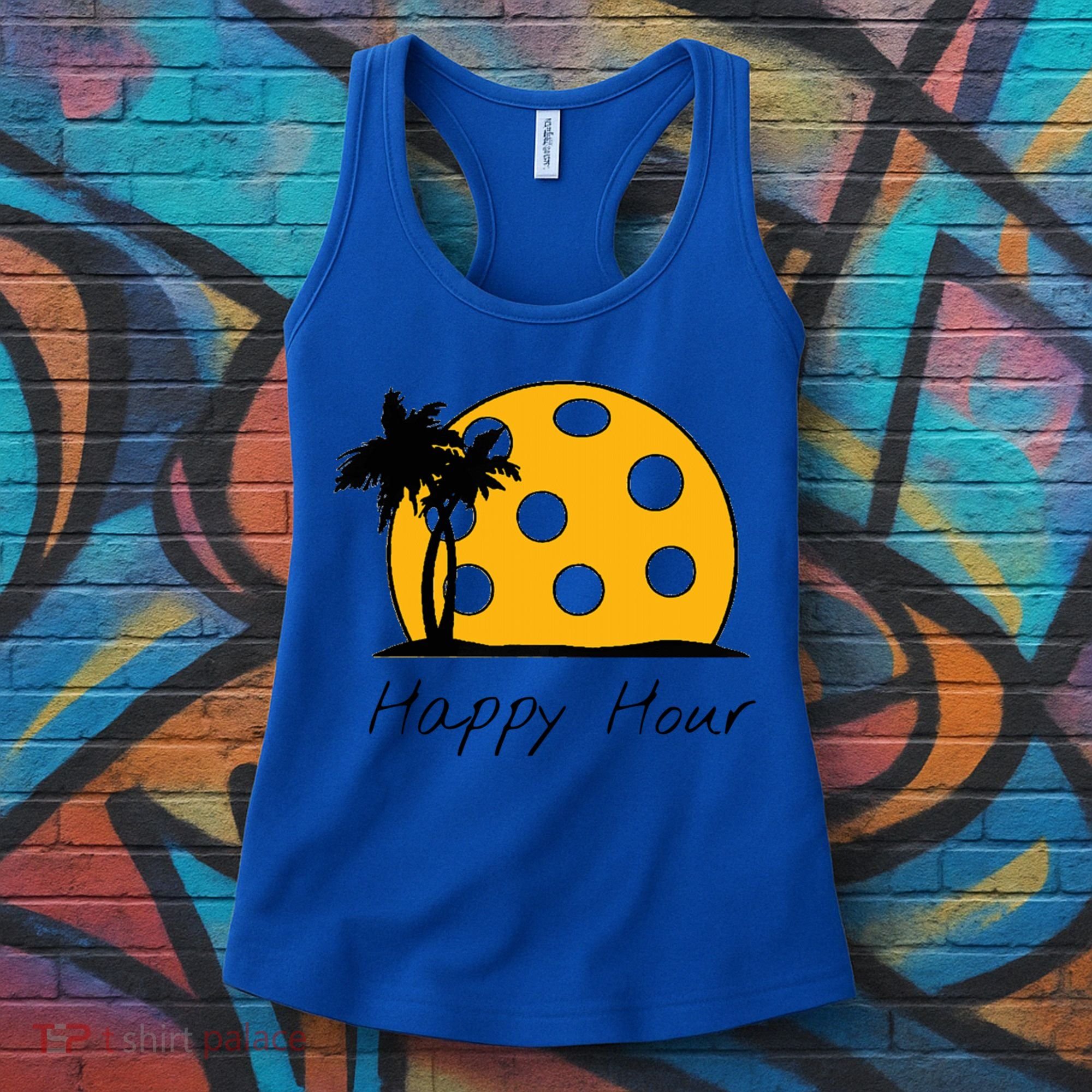 Fun Pickleball Cute Gift Happy Hour W/ Huge Pickleball Sunset Cute Gift Women's Tank Top