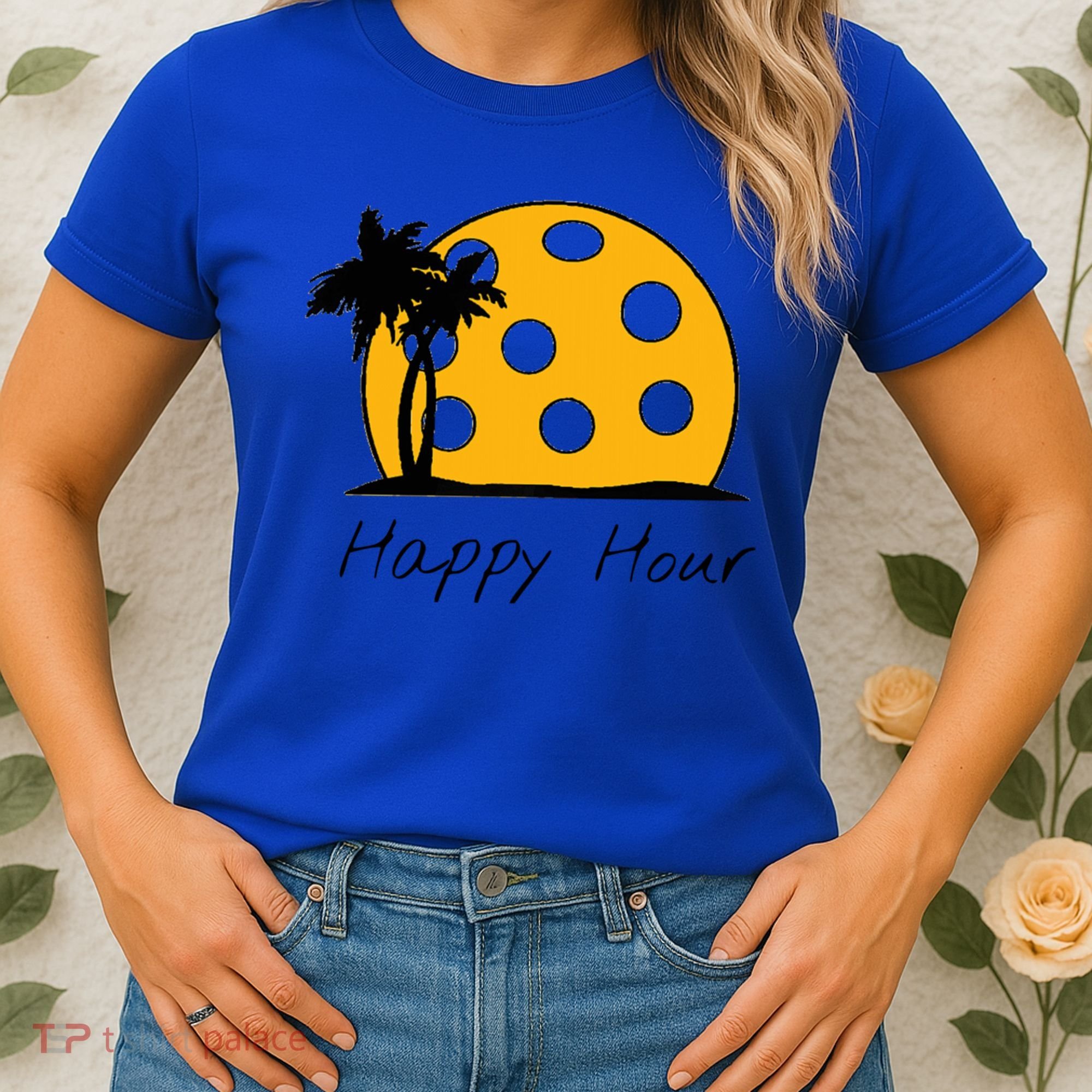 Fun Pickleball Cute Gift Happy Hour W/ Huge Pickleball Sunset Cute Gift Women's T-Shirt