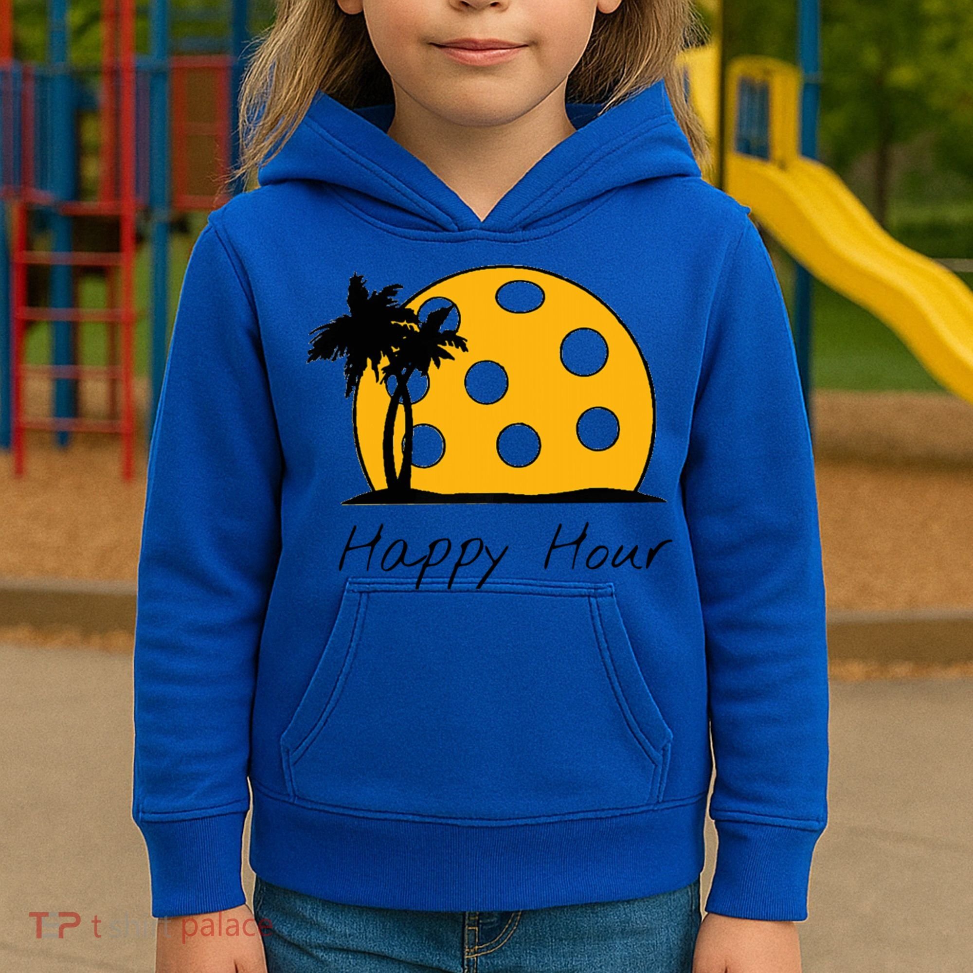 Fun Pickleball Cute Gift Happy Hour W/ Huge Pickleball Sunset Cute Gift Kids Hoodie