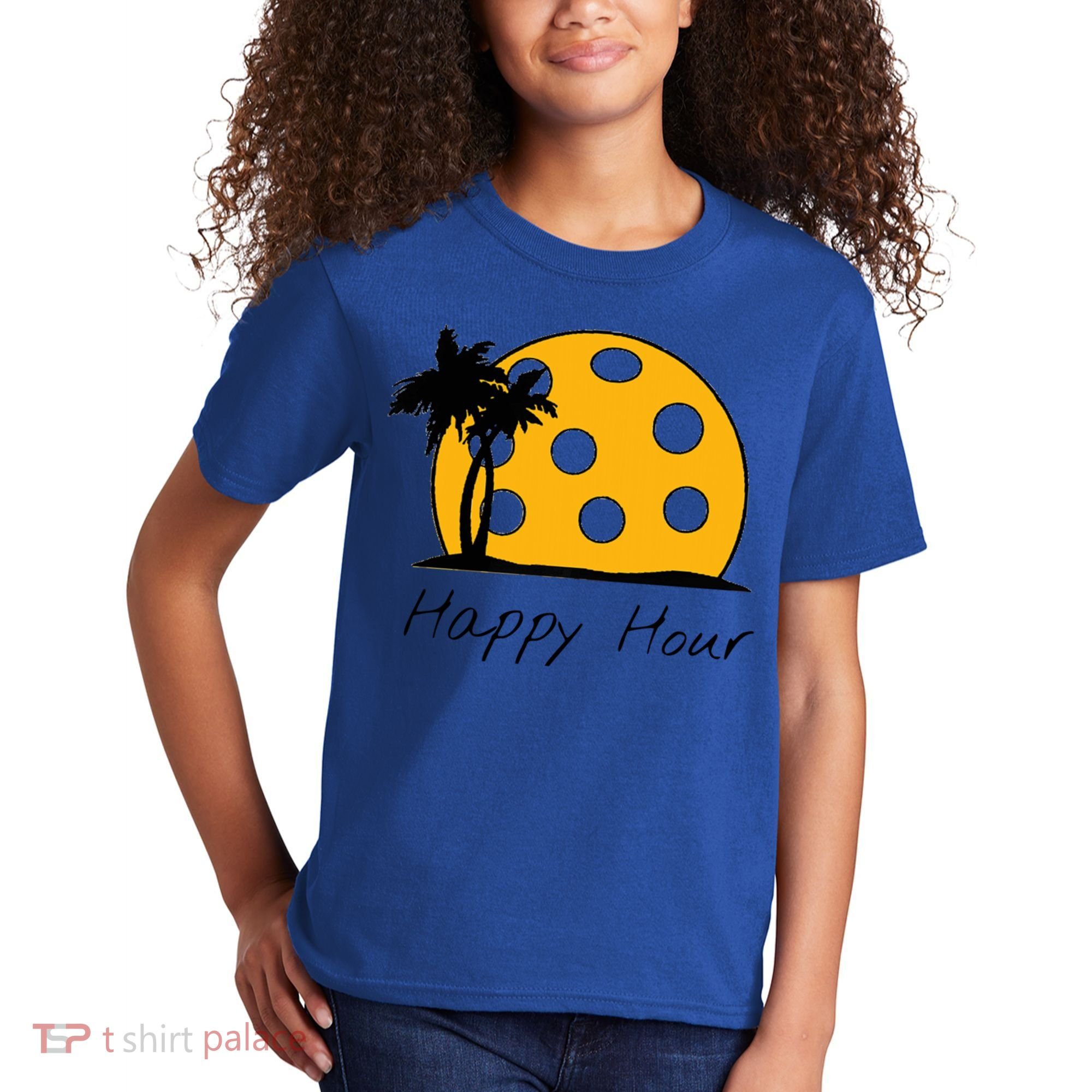 Fun Pickleball Cute Gift Happy Hour W/ Huge Pickleball Sunset Cute Gift Kids T-Shirt
