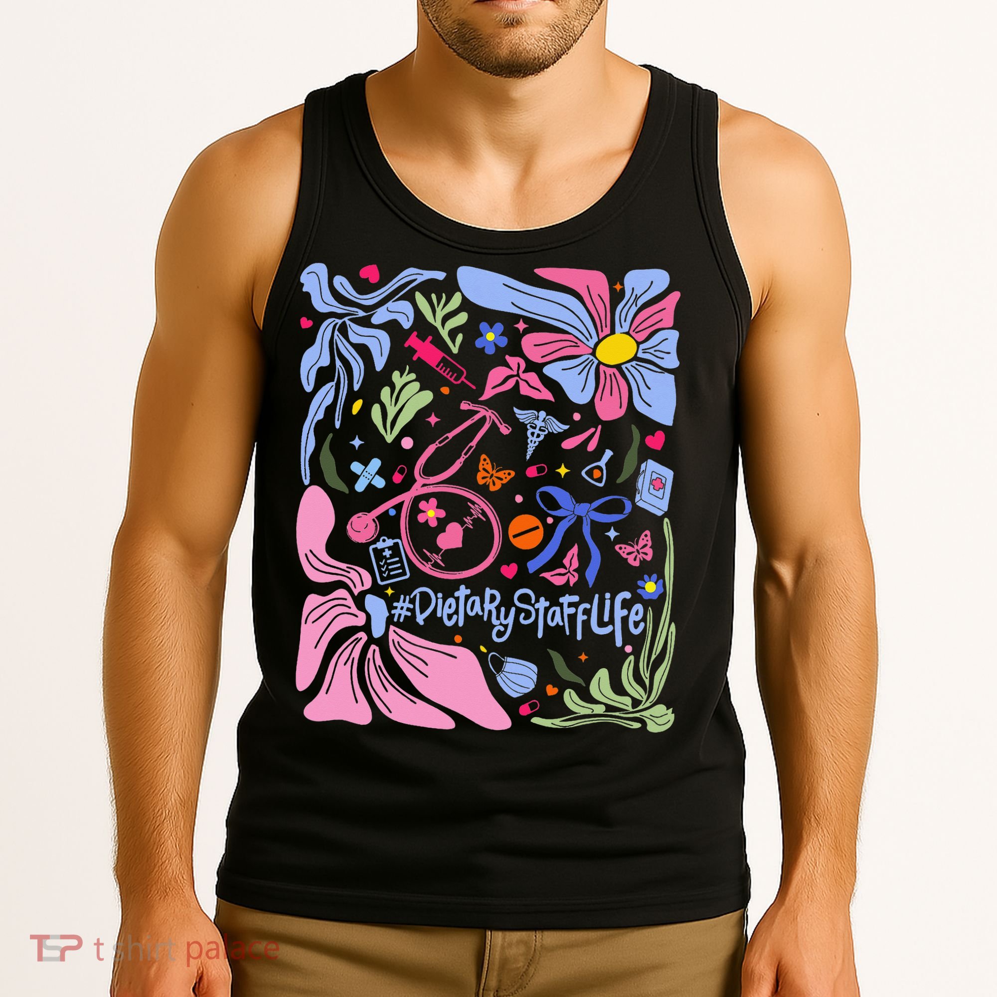 Floral Preppy Coquette Bow Dietary Staff Stethoscope Tank Top