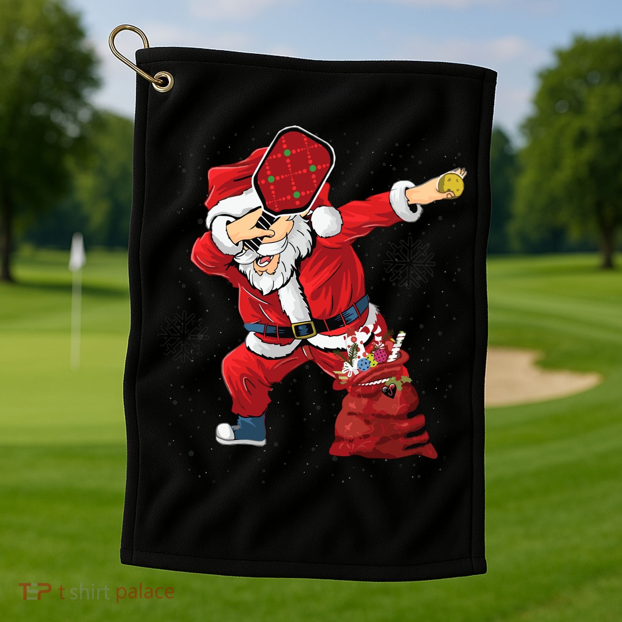 Funny Pickleball Christmas Santa Playing Pickleball Golf Towel