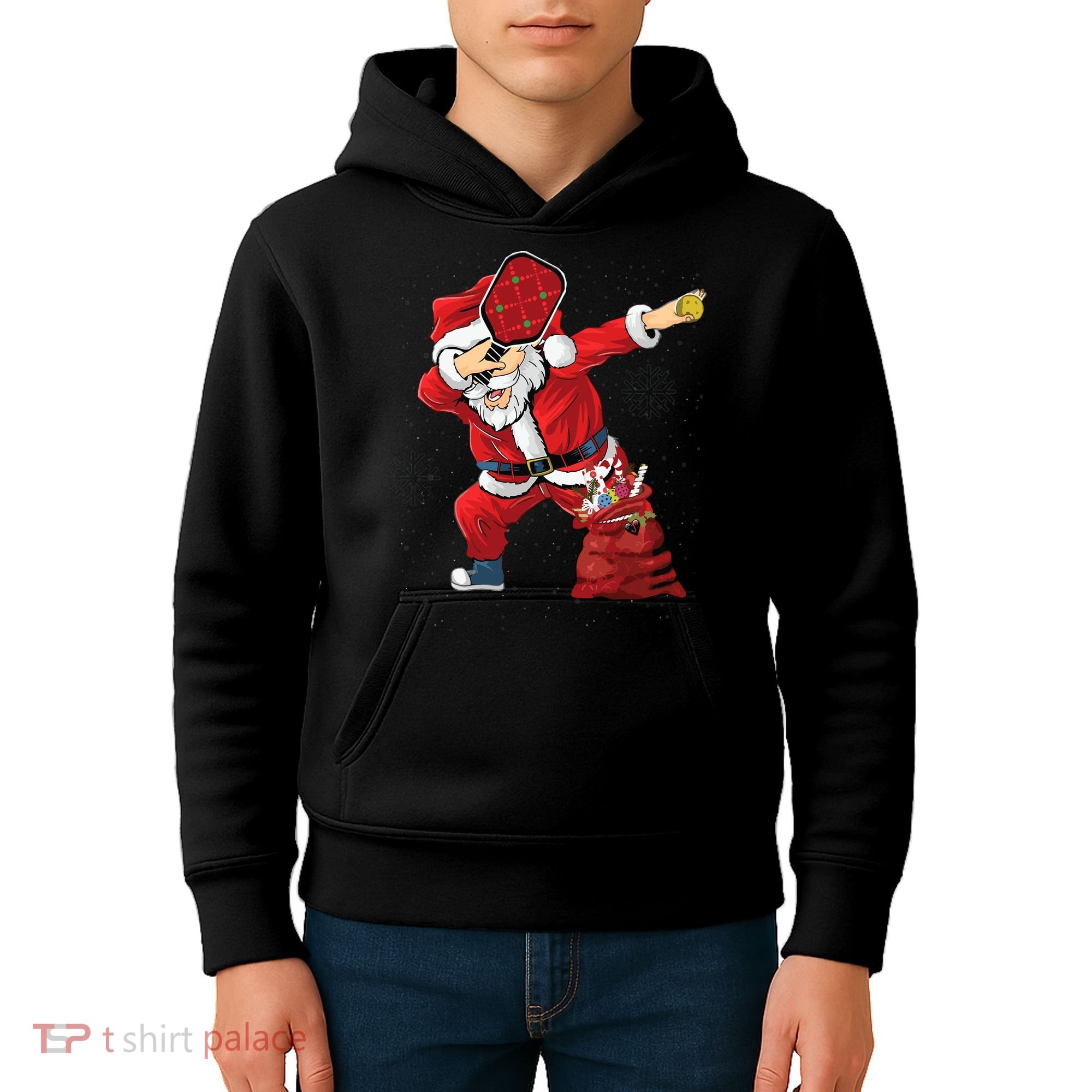 Funny Pickleball Christmas Santa Playing Pickleball Kids Hoodie