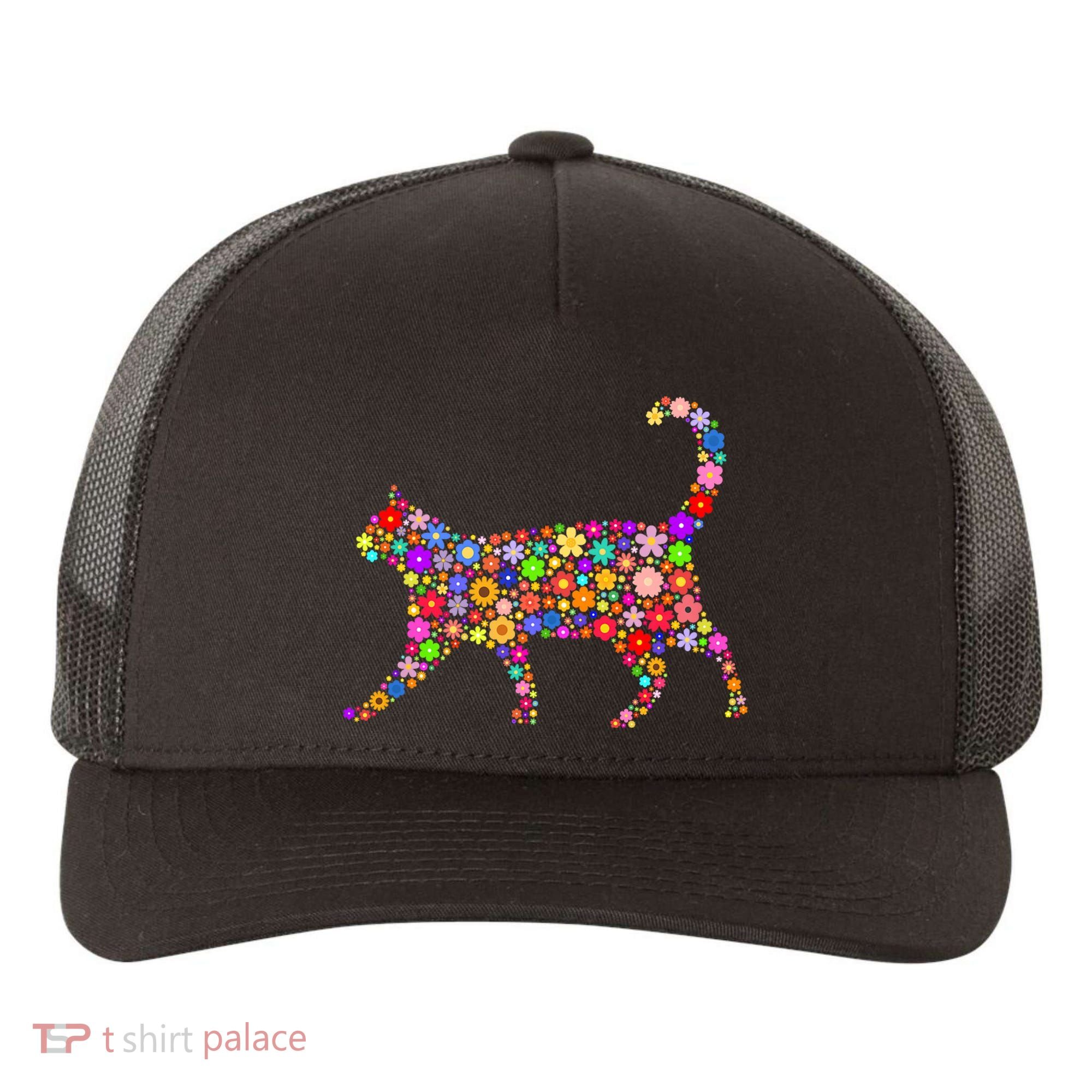 Floral Pattern Cat  Floral Cat Silhouette Yupoong Adult 5-Panel Trucker Hat