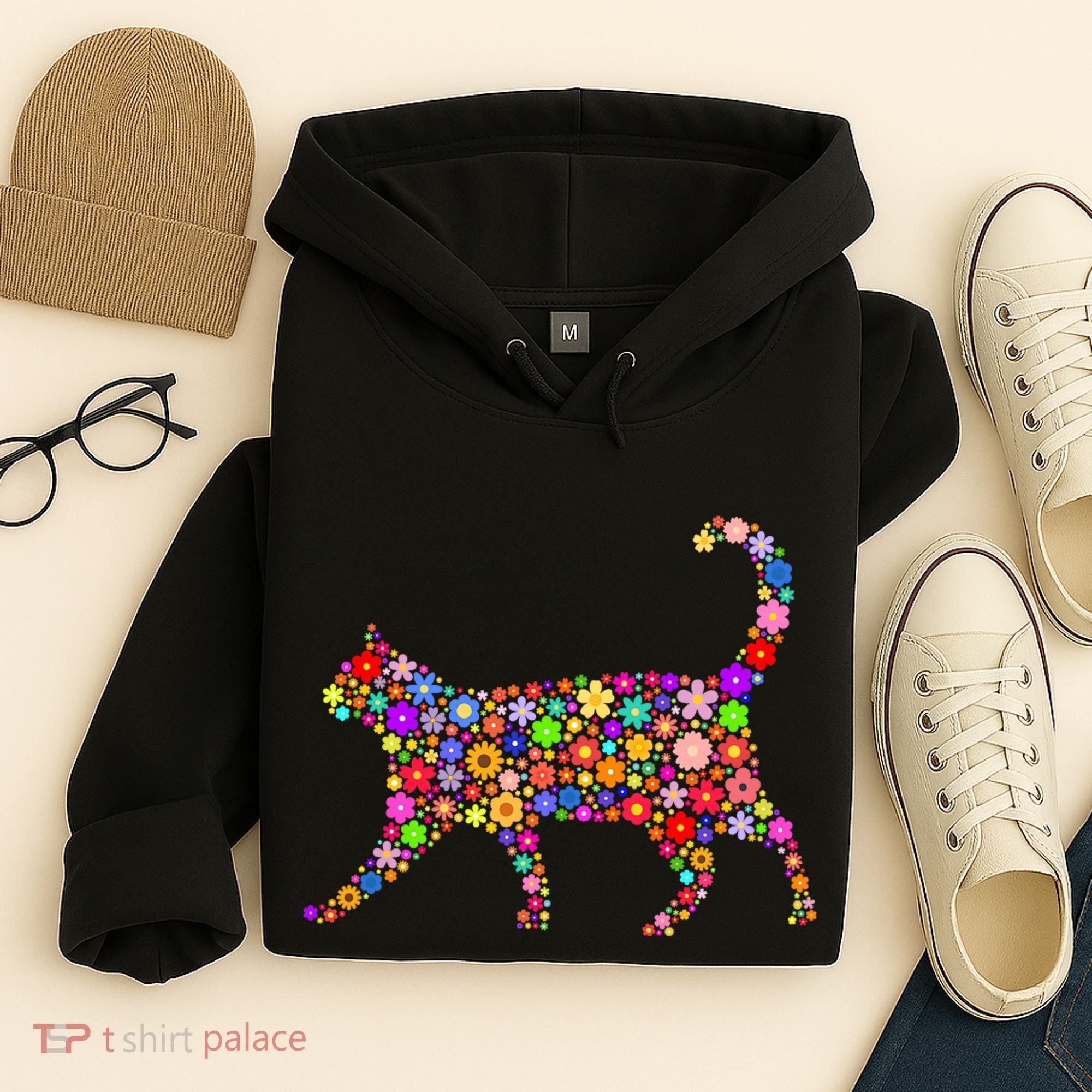 Floral Pattern Cat  Floral Cat Silhouette Hoodie