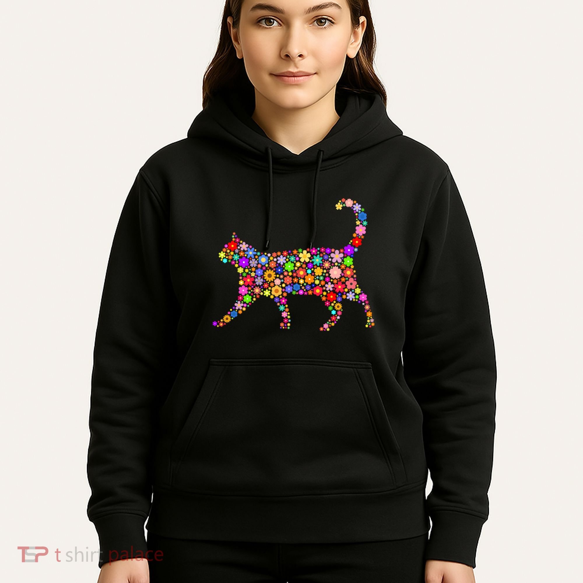 Floral Pattern Cat  Floral Cat Silhouette Hoodie