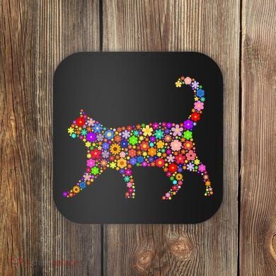 Floral Pattern Cat  Floral Cat Silhouette Coaster