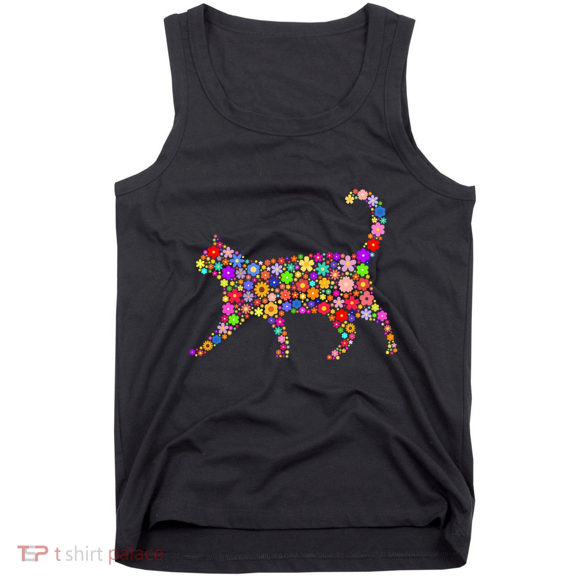 Floral Pattern Cat  Floral Cat Silhouette Tank Top