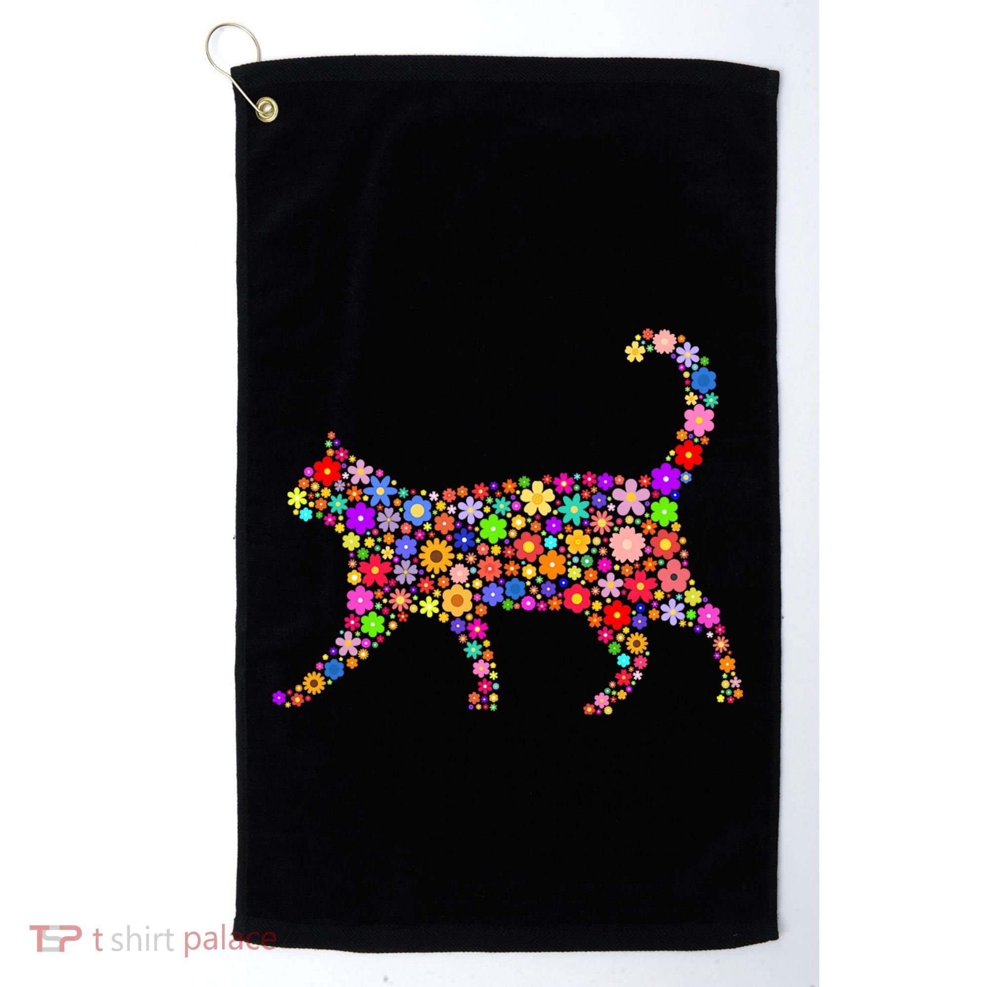 Floral Pattern Cat  Floral Cat Silhouette Golf Towel