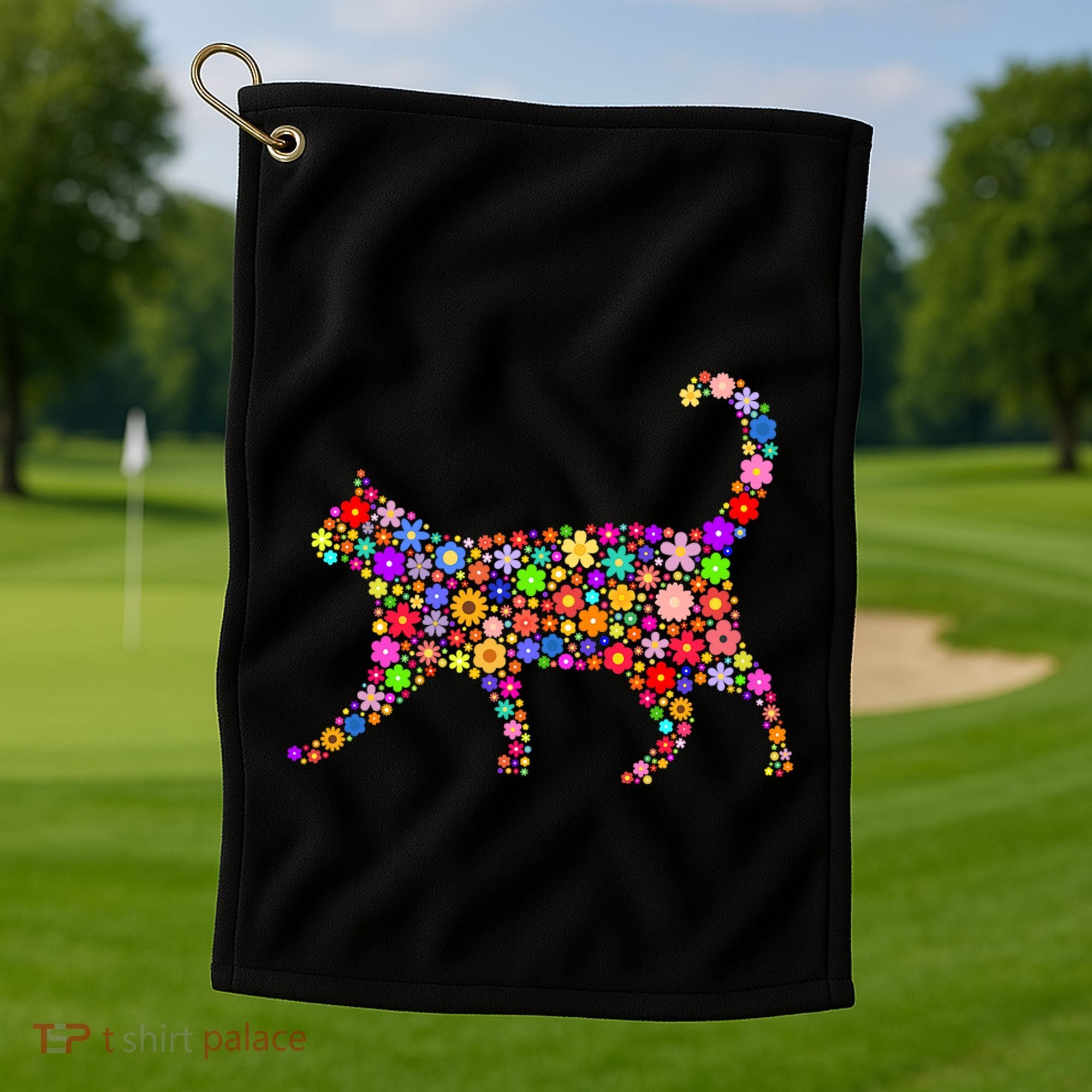 Floral Pattern Cat  Floral Cat Silhouette Golf Towel
