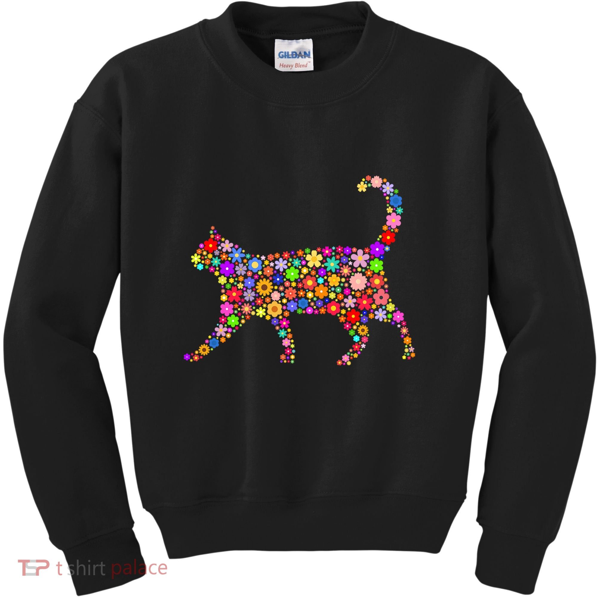 Floral Pattern Cat  Floral Cat Silhouette Kids Sweatshirt