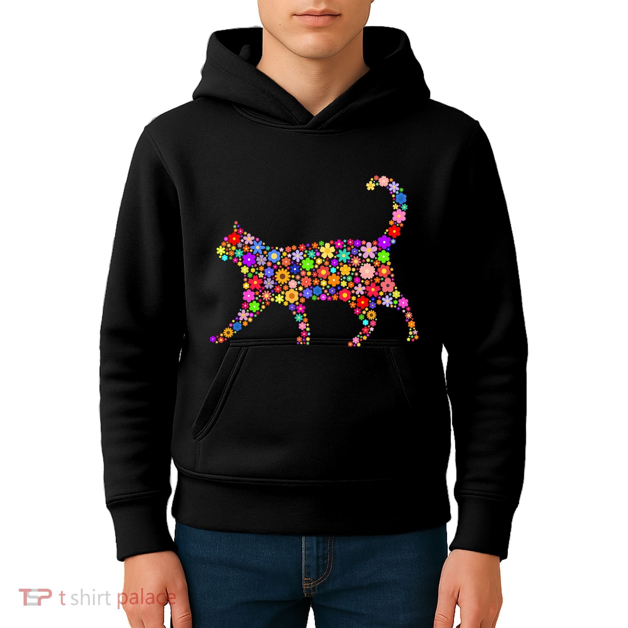 Floral Pattern Cat  Floral Cat Silhouette Kids Hoodie