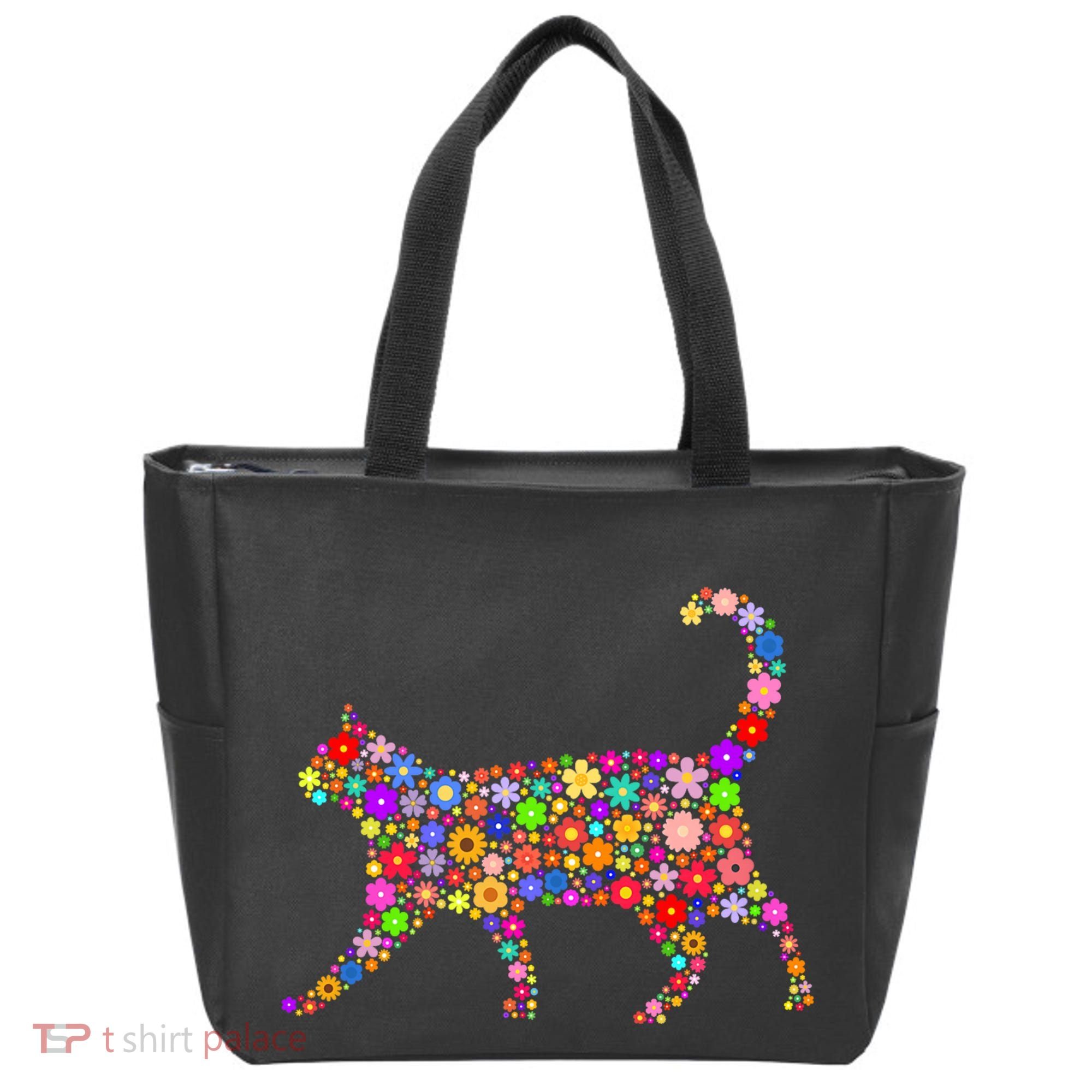 Floral Pattern Cat  Floral Cat Silhouette Tote Bag