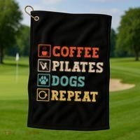 Funny Pilates Coffee Pilates Dogs Repeat Pilates Lover Gift Golf Towel thumb 1
