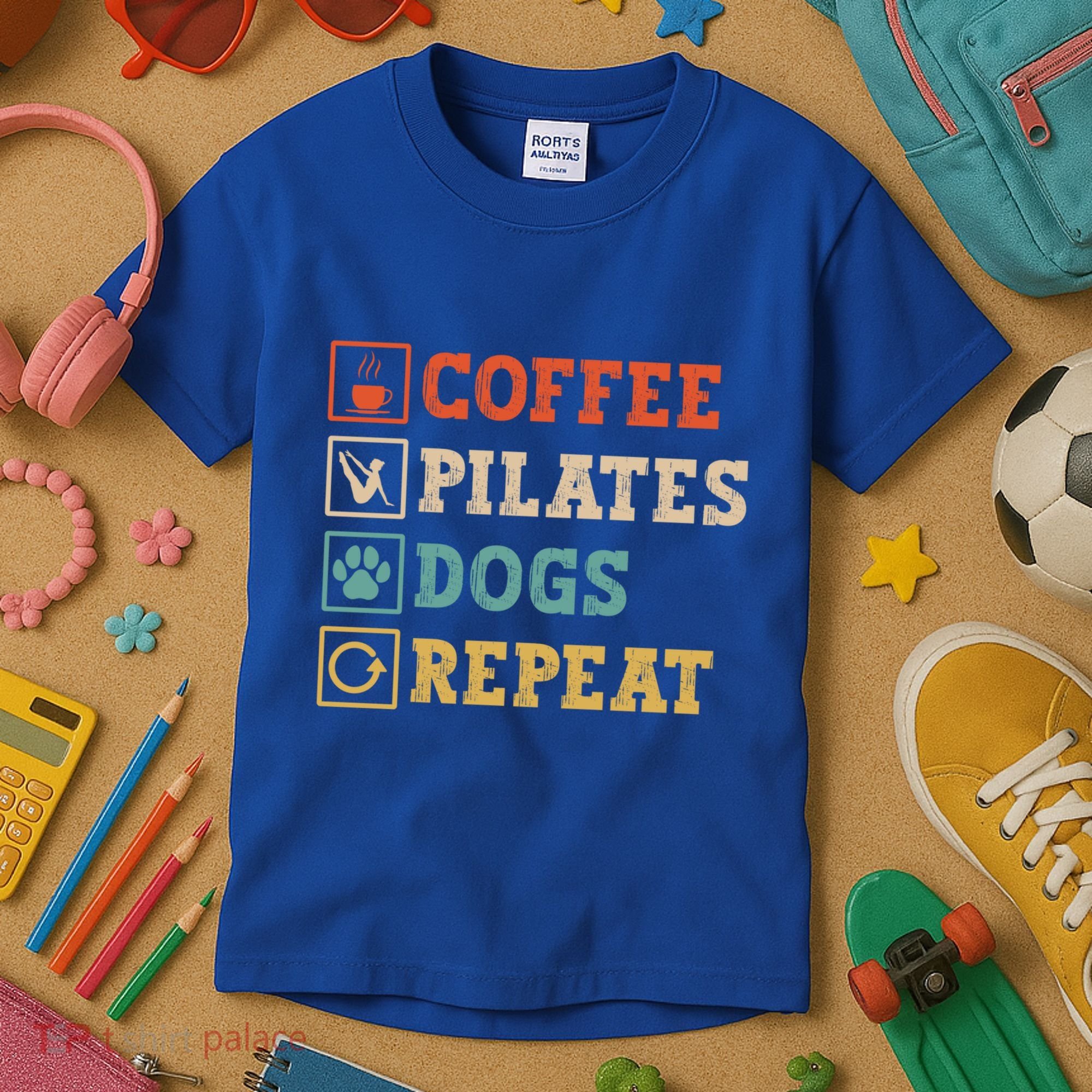 Funny Pilates Coffee Pilates Dogs Repeat Pilates Lover Gift Kids T-Shirt
