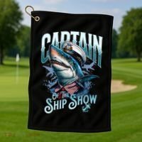 Funny Pontoon Captain Motor Boat Dad Shark Graphic Gift Golf Towel thumb 1
