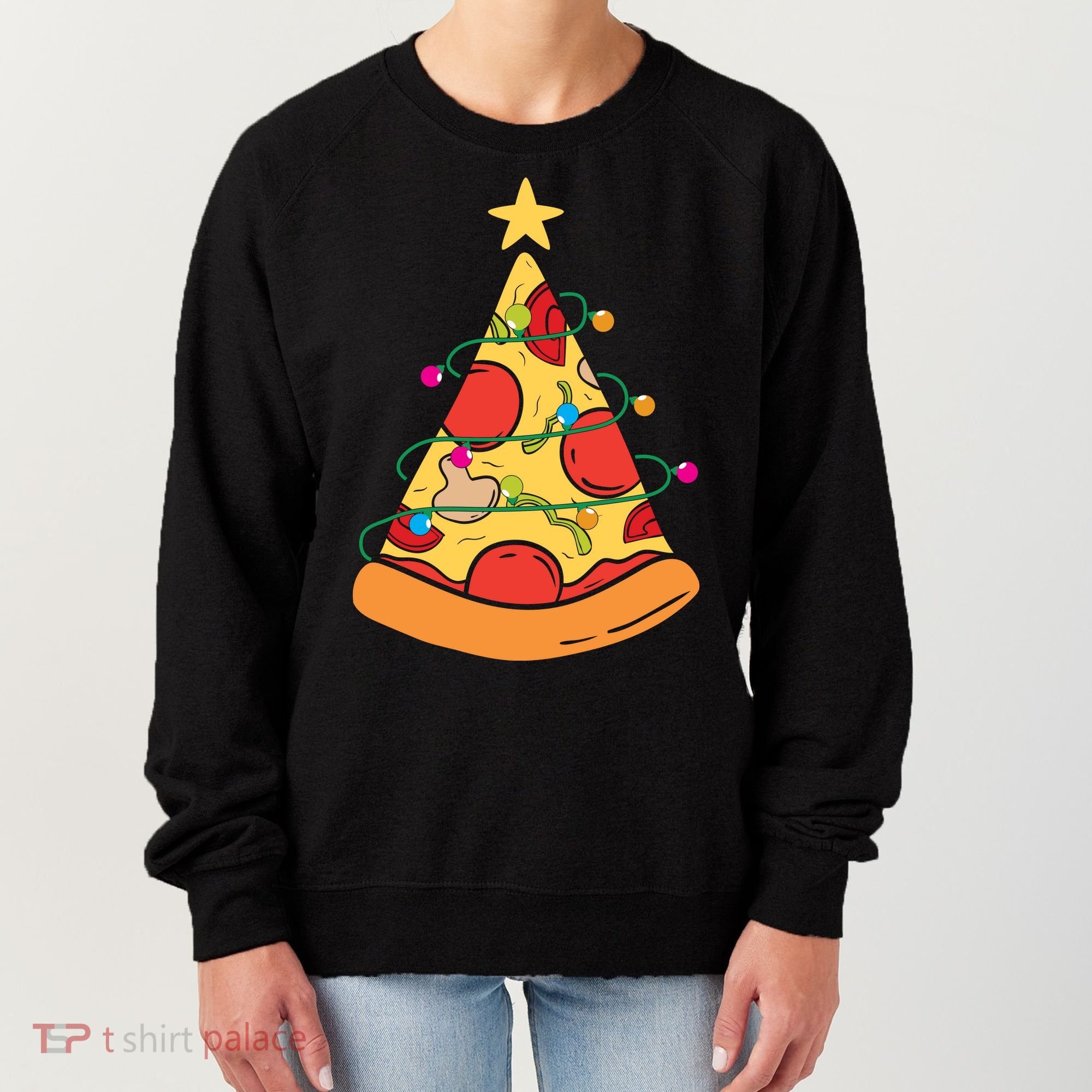 Funny Pizza Christmas Tree Lights Funny Xmas Women's Sweatshirt