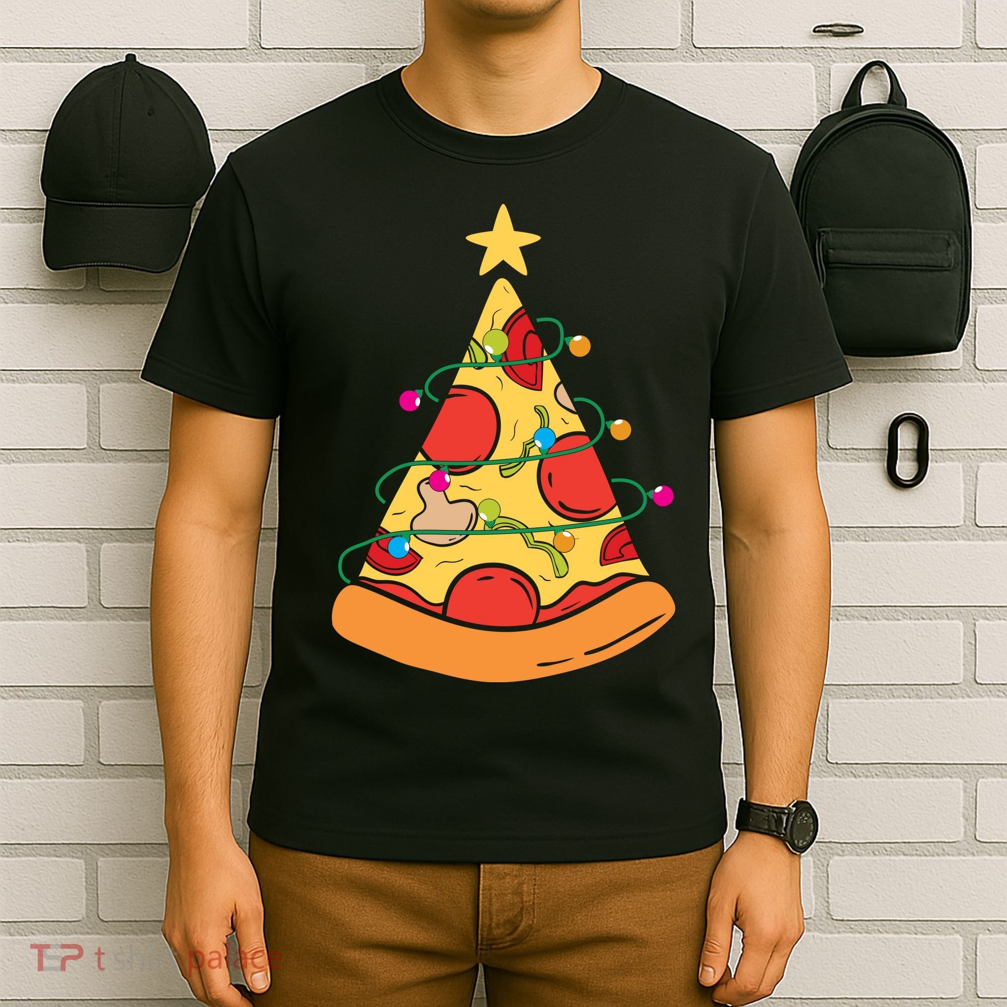 Funny Pizza Christmas Tree Lights Funny Xmas T-Shirt