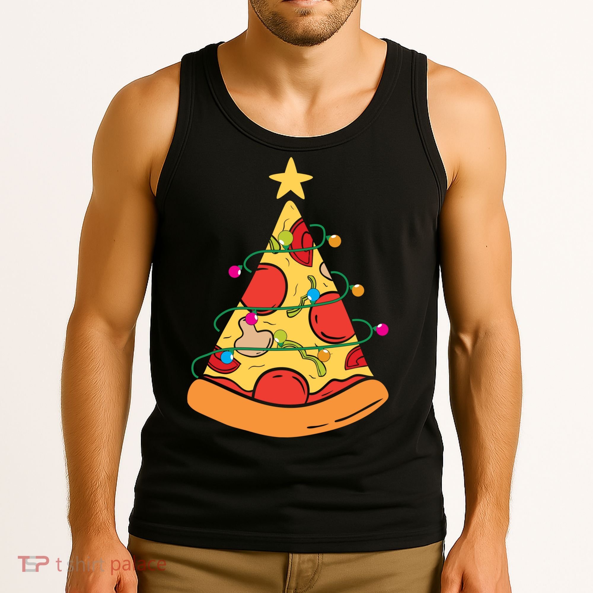 Funny Pizza Christmas Tree Lights Funny Xmas Tank Top