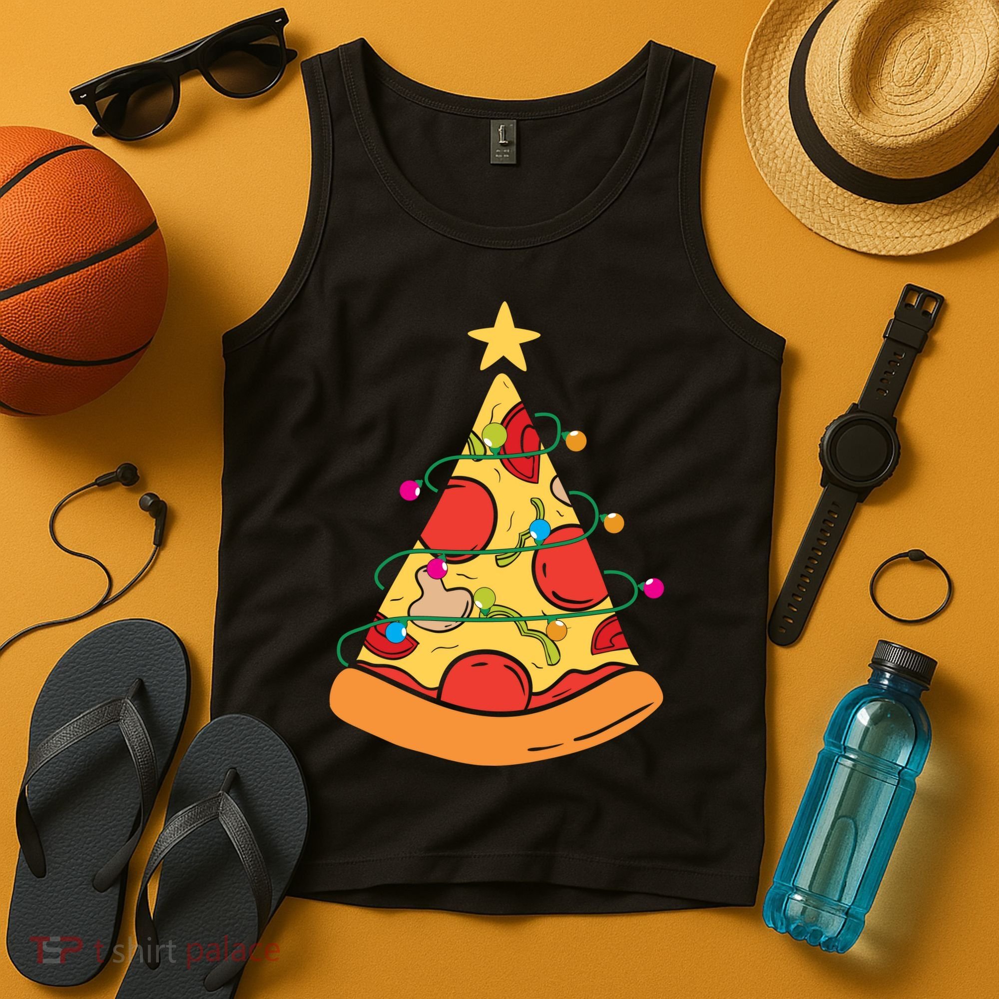 Funny Pizza Christmas Tree Lights Funny Xmas Tank Top