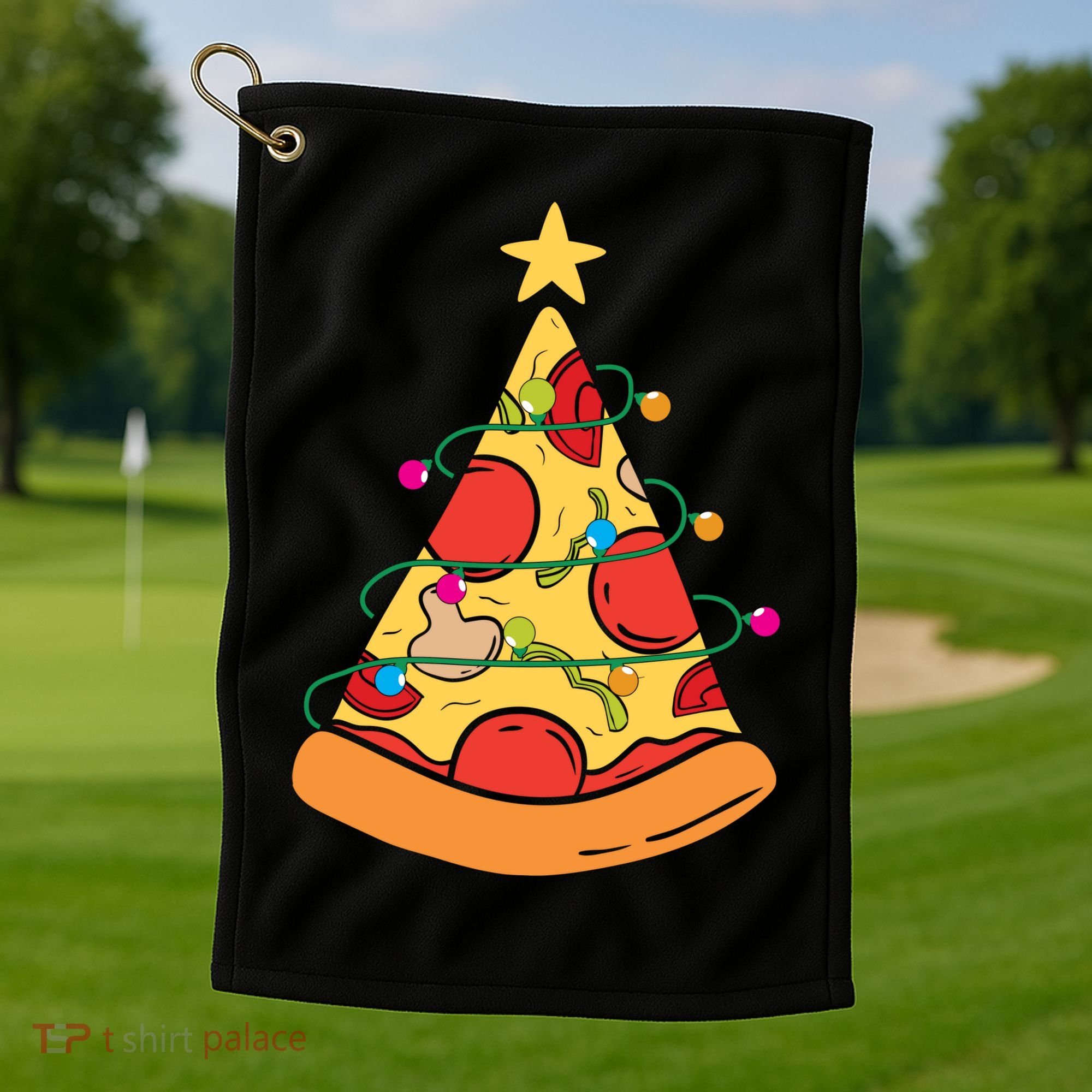 Funny Pizza Christmas Tree Lights Funny Xmas Golf Towel