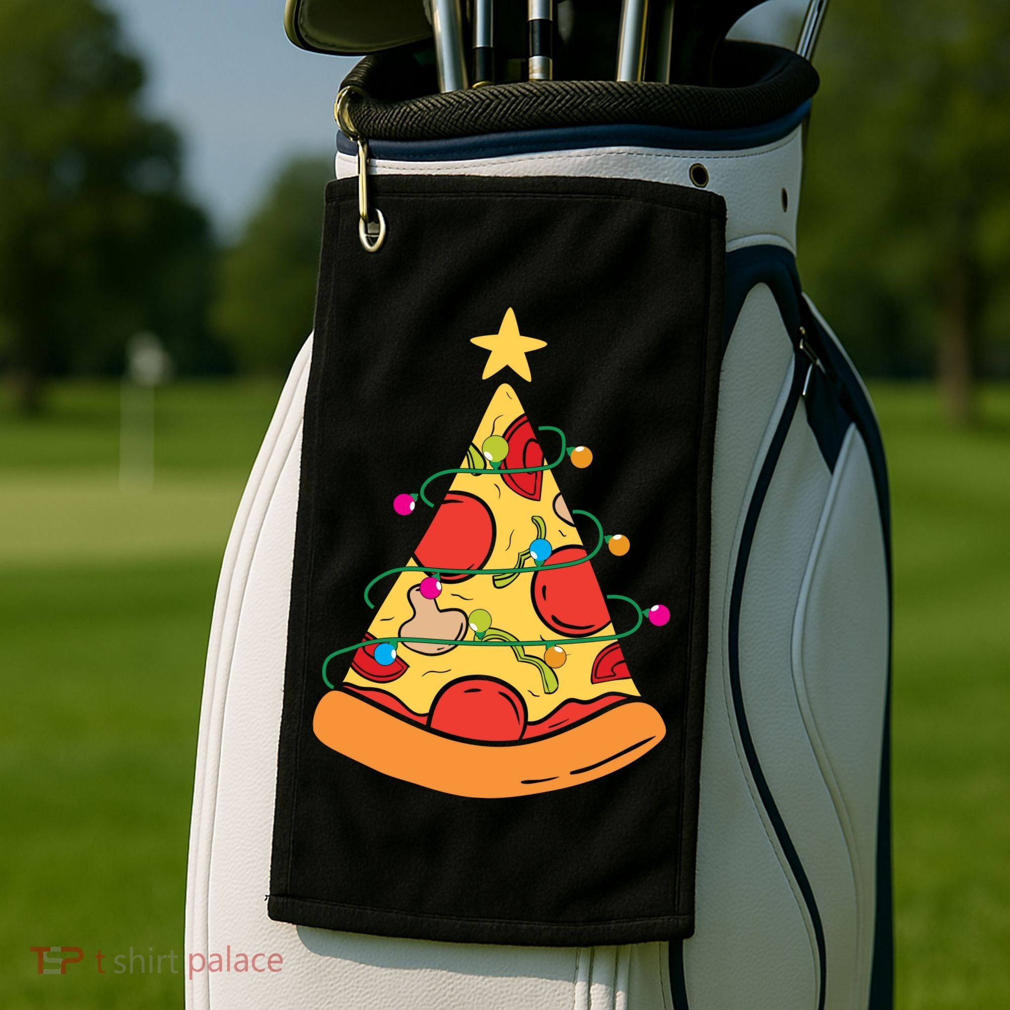 Funny Pizza Christmas Tree Lights Funny Xmas Golf Towel