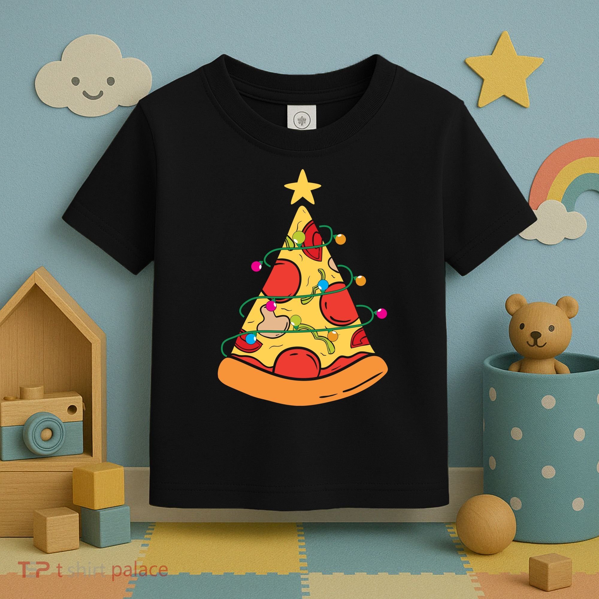 Funny Pizza Christmas Tree Lights Funny Xmas Toddler T-Shirt