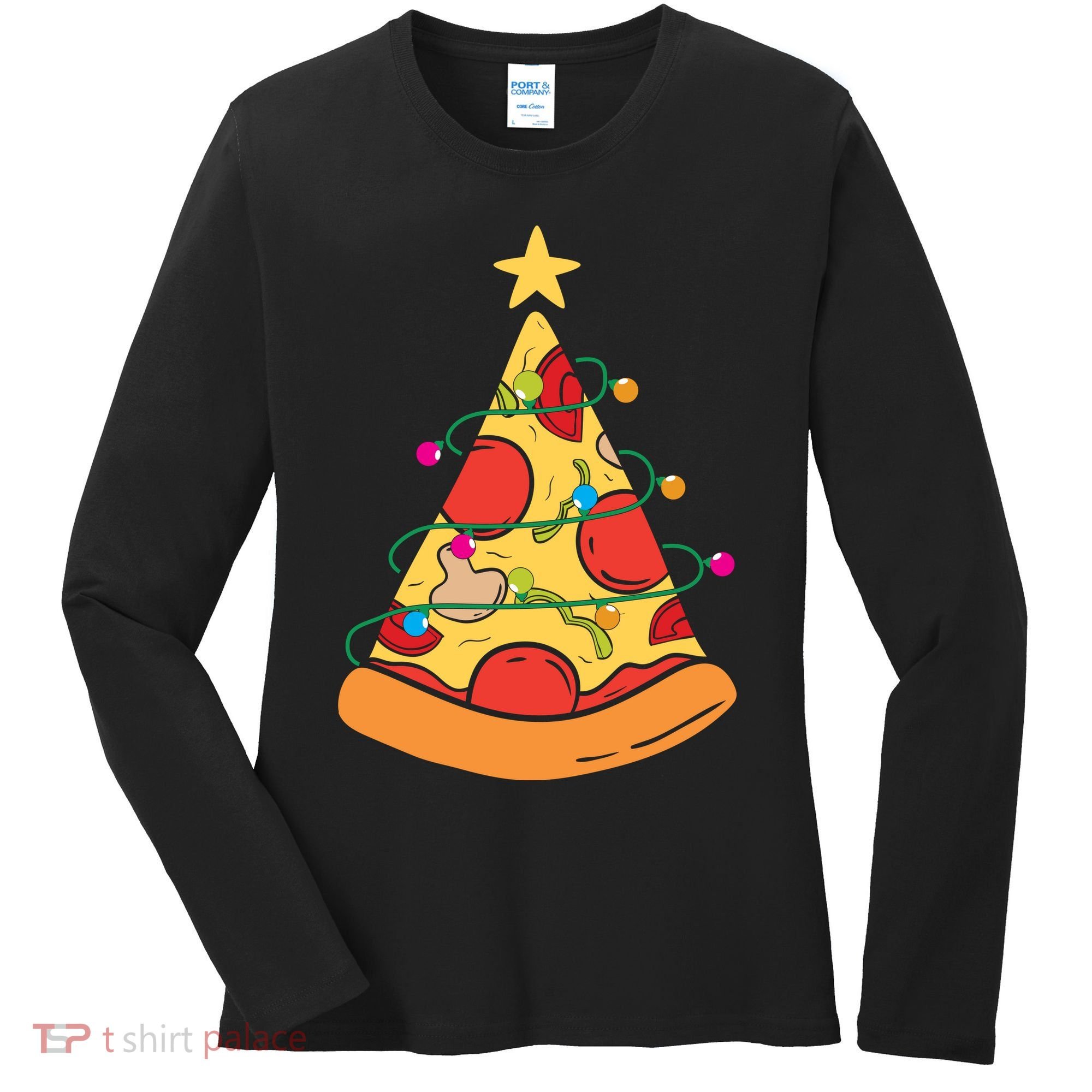 Funny Pizza Christmas Tree Lights Funny Xmas Women's Long Sleeve Shirt