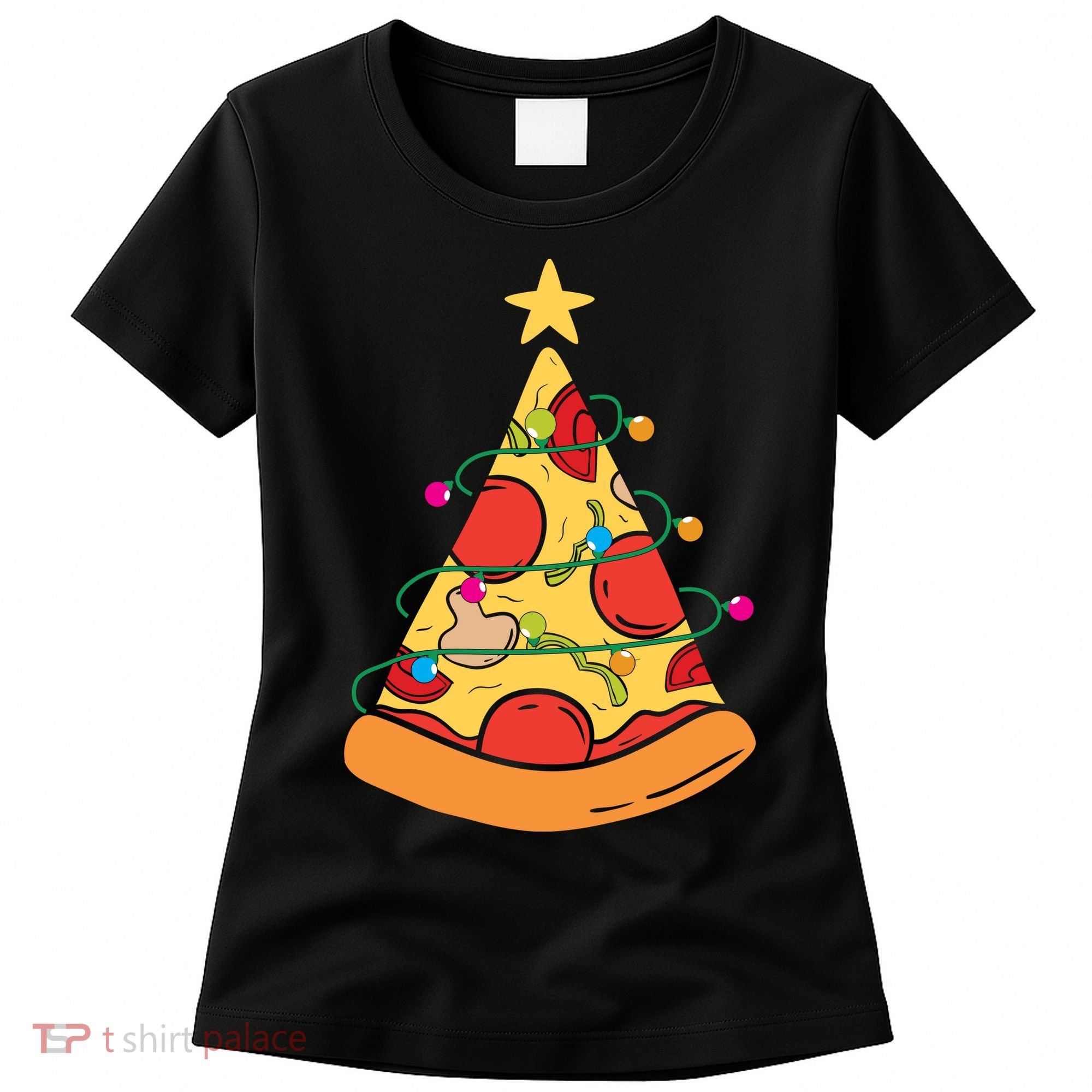 Funny Pizza Christmas Tree Lights Funny Xmas Women's T-Shirt